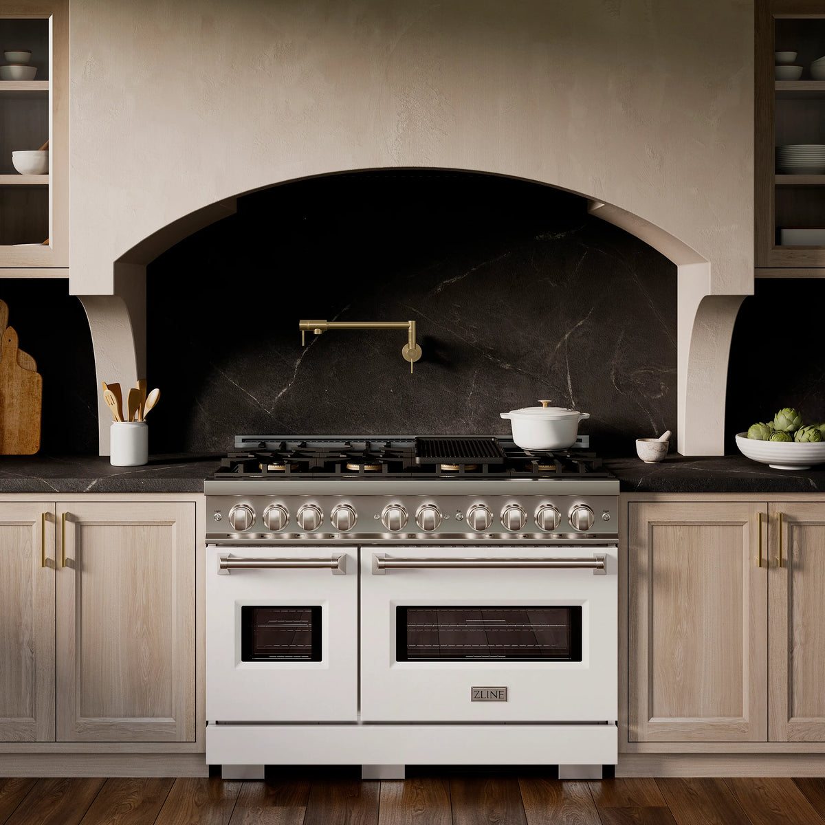 ZLINE 48-Inch Classic Series Dual Fuel Range with 8 Burner Gas Cooktop and 6.7 Cu. Ft. Electric Convection Oven in Stainless Steel with White Matte Doors in a kitchen