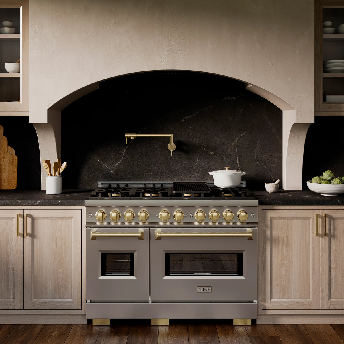 ZLINE Autograph 48-Inch Classic Gas Range with 8 Burner DuoPro™ Cooktop and Dual Ovens with Champagne Bronze Accents in a kitchen