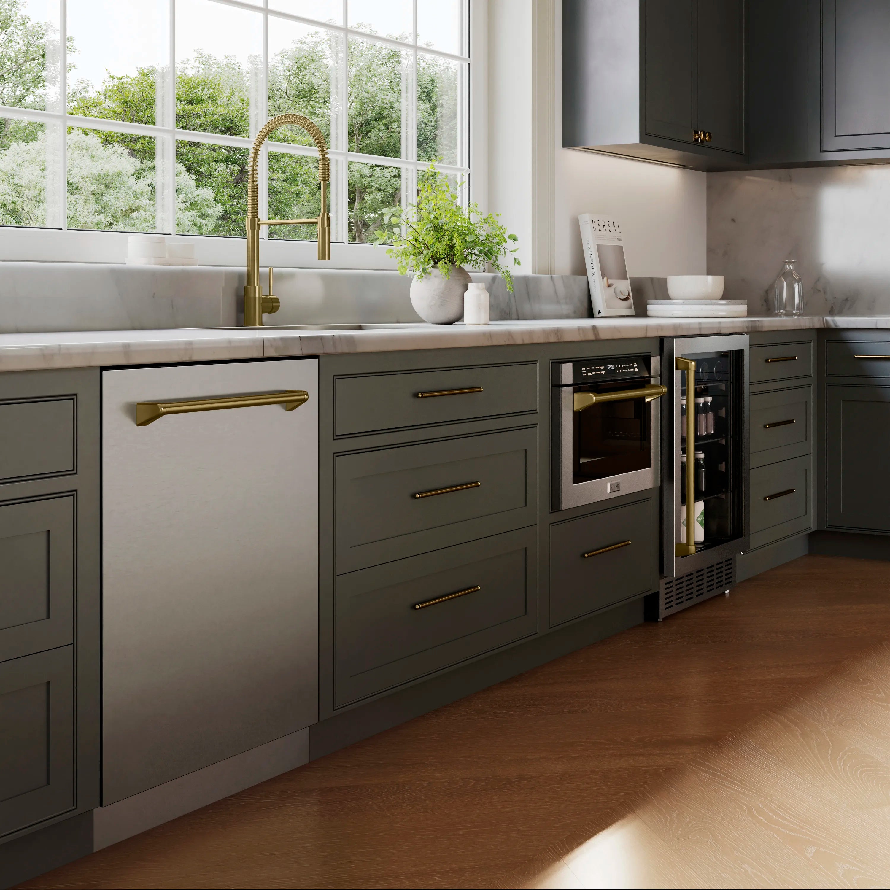 Stainless steel built-in dishwasher with champagne bronze handle, integrated in cabinetry