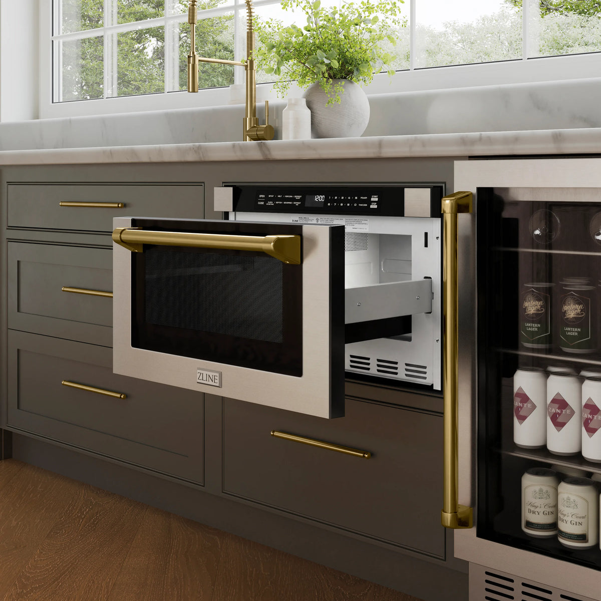 ZLINE Autograph Edition 24-Inch 1.2 cu. ft. Built-in Microwave Drawer with a Traditional Handle in Stainless Steel and Champagne Bronze Accents (MWDZ-1-H-CB)