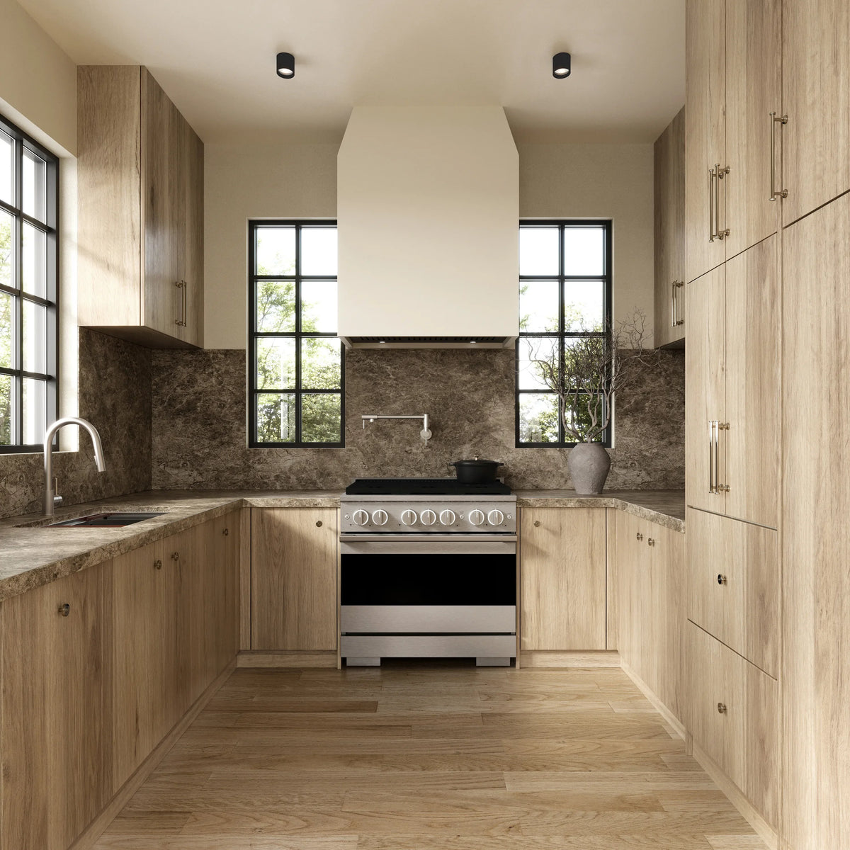 Satin stainless dual fuel range with oven door and front control knobs