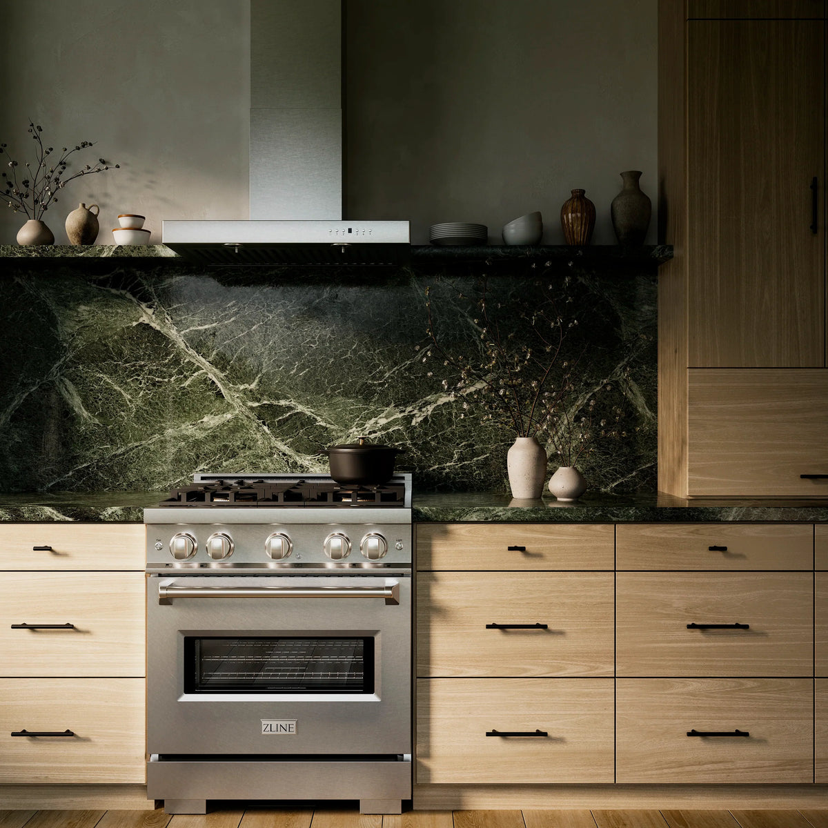 Satin stainless dual fuel range with black cooktop and oven window