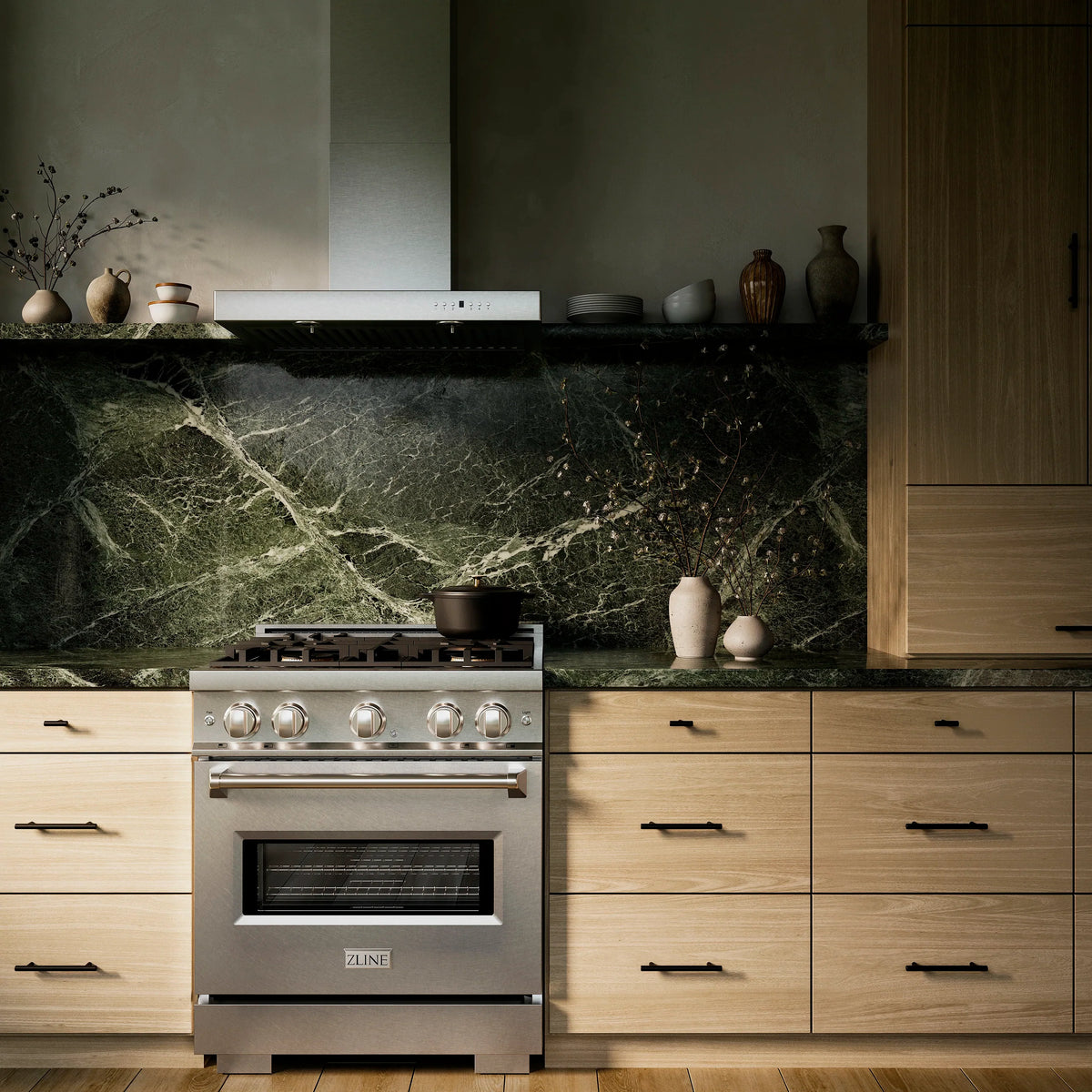 Satin stainless 30-inch gas range with four-burner cooktop and convection oven