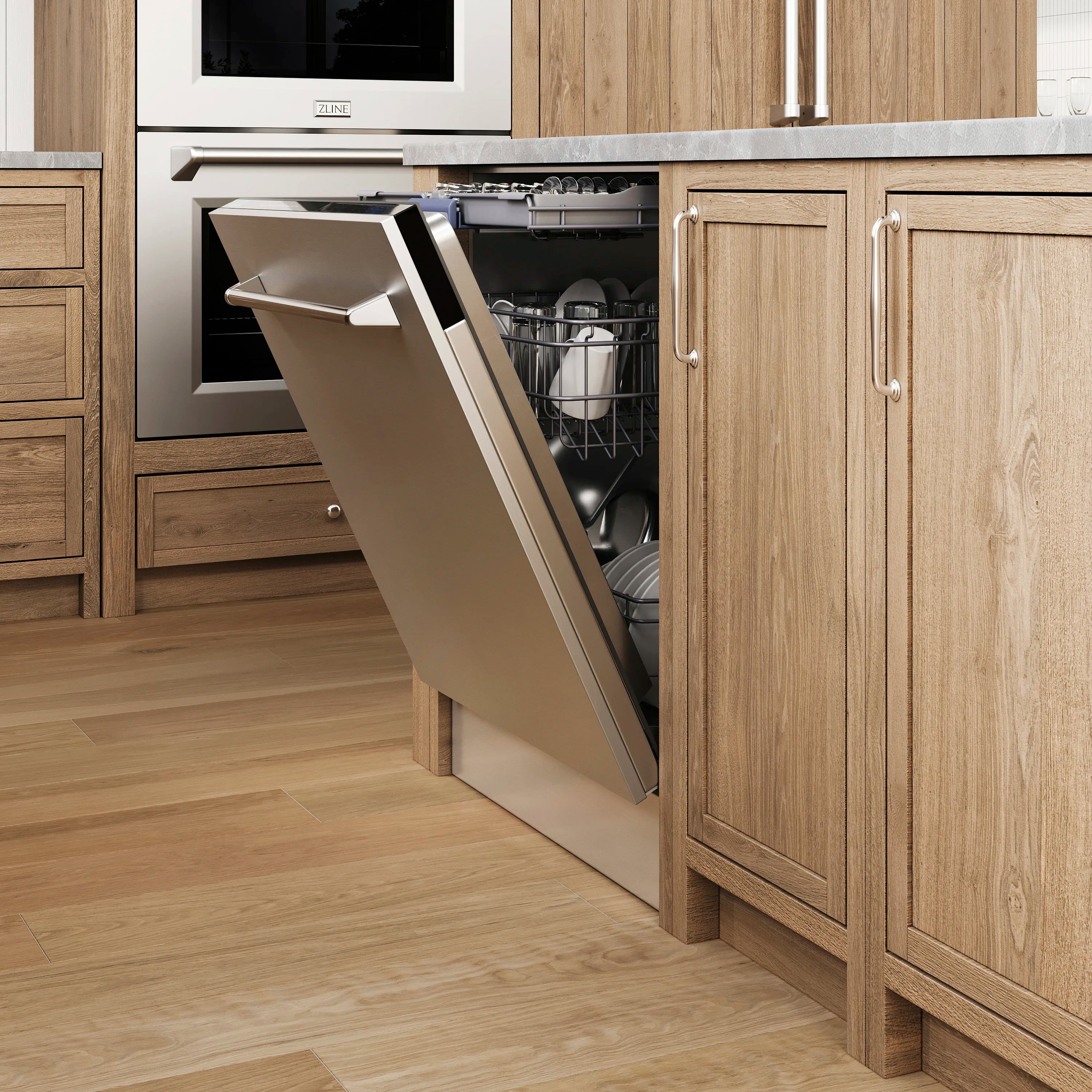 Dishwasher door open with interior racks, installed in wooden kitchen cabinetry