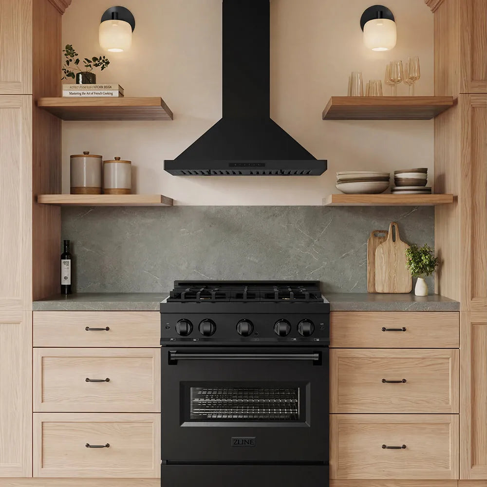 ZLINE 30-inch black stainless steel wall mount range hood, installed in a kitchen