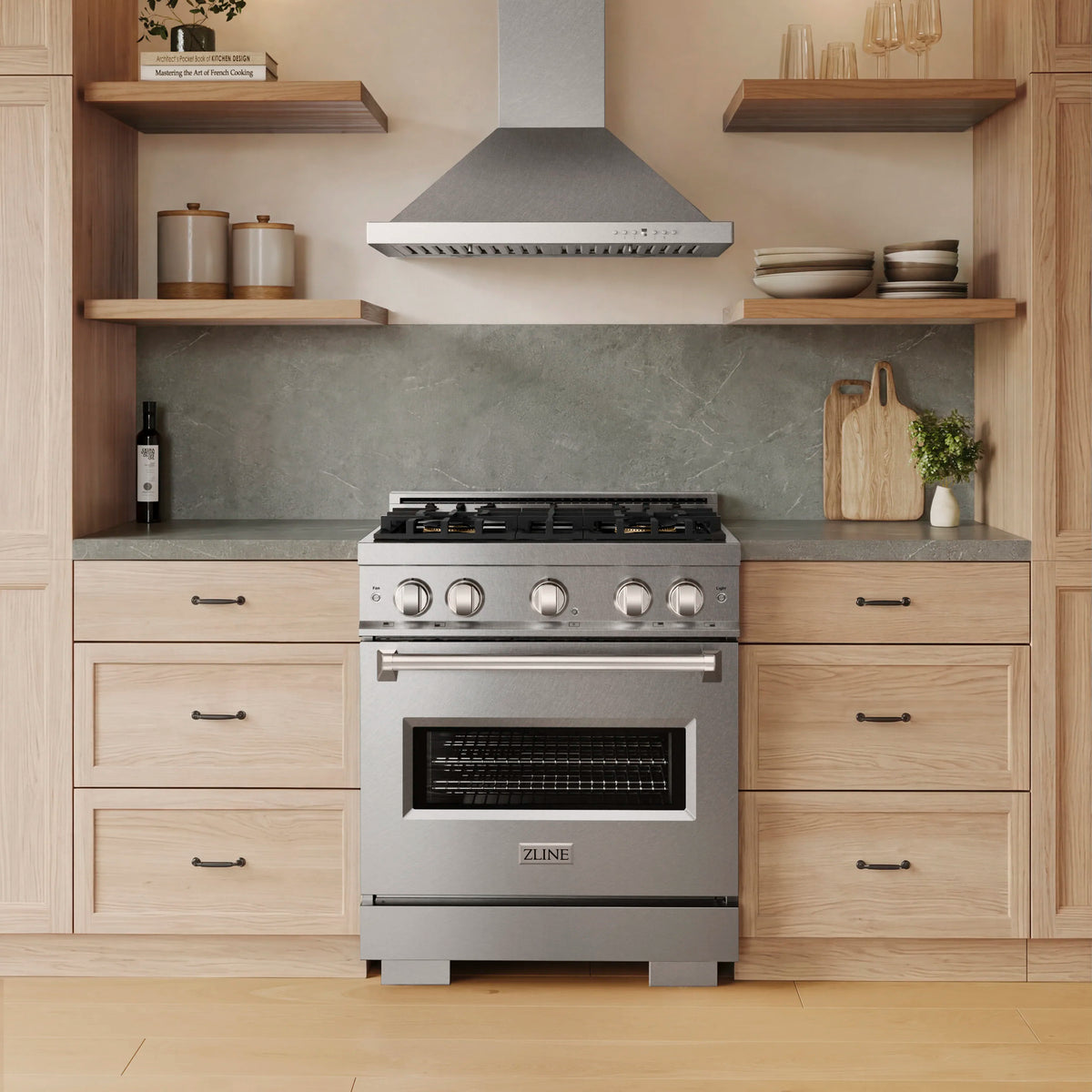 Satin stainless freestanding gas range with four-burner cooktop and convection oven