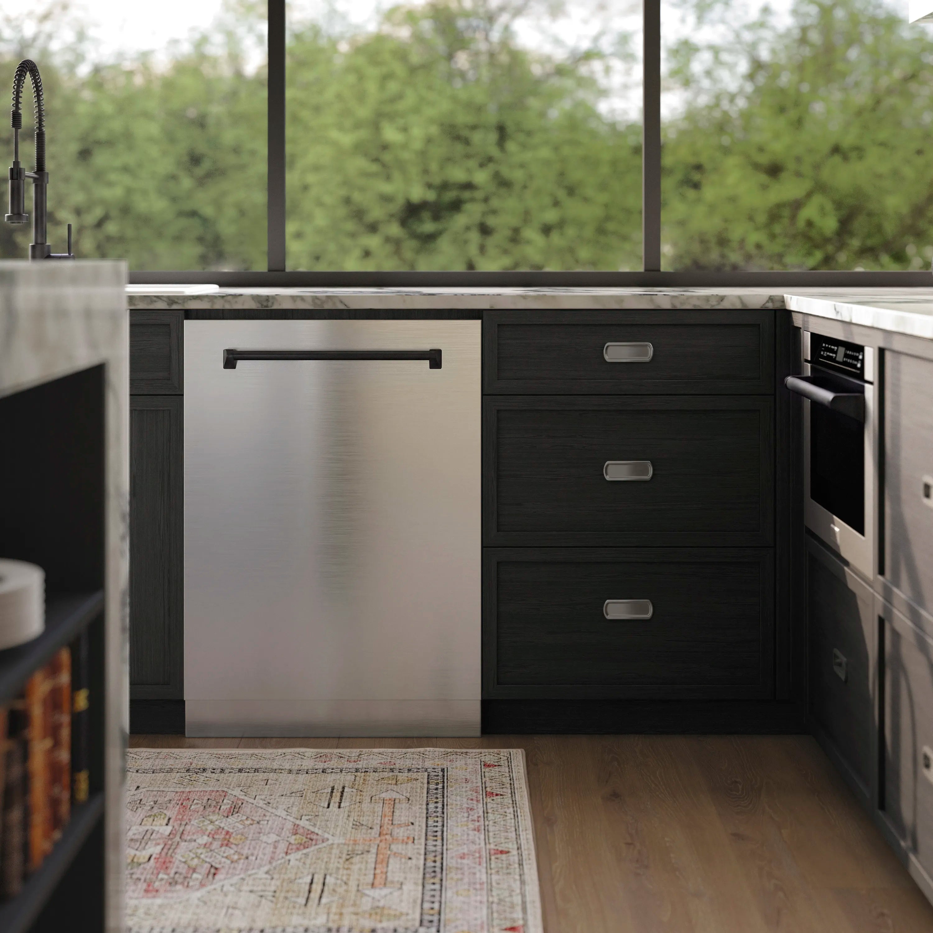 Tall tub dishwasher installed between cabinets with matte black handle