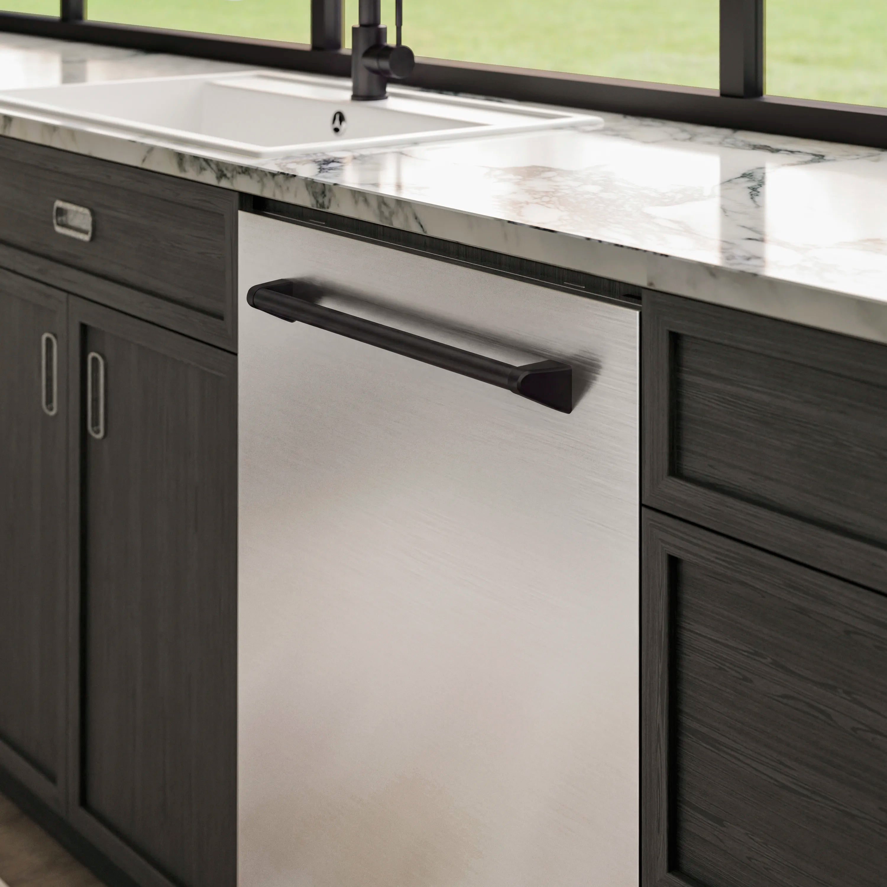 Stainless dishwasher door with matte black handle and top control area