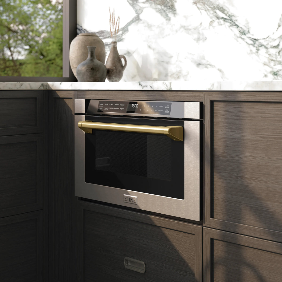 ZLINE Autograph Edition 24-Inch 1.2 cu. ft. Built-in Microwave Drawer with a Traditional Handle in Stainless Steel and Champagne Bronze Accents (MWDZ-1-H-CB)