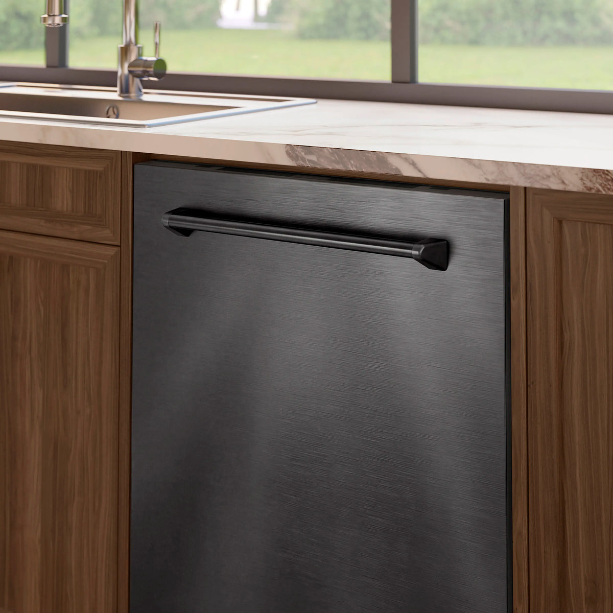 Black stainless steel dishwasher door with horizontal handle, brushed metal front