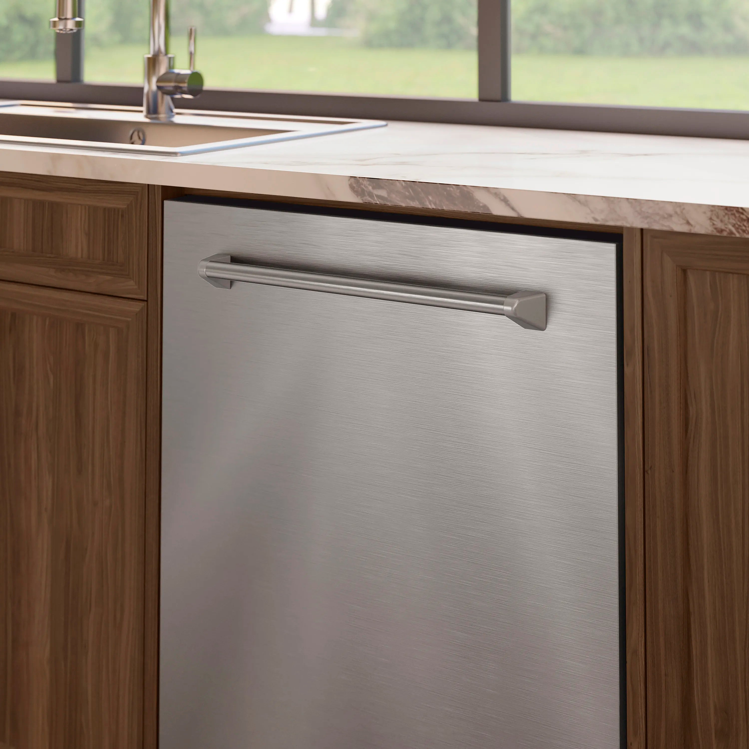 Stainless steel dishwasher door with horizontal handle on a cabinet front