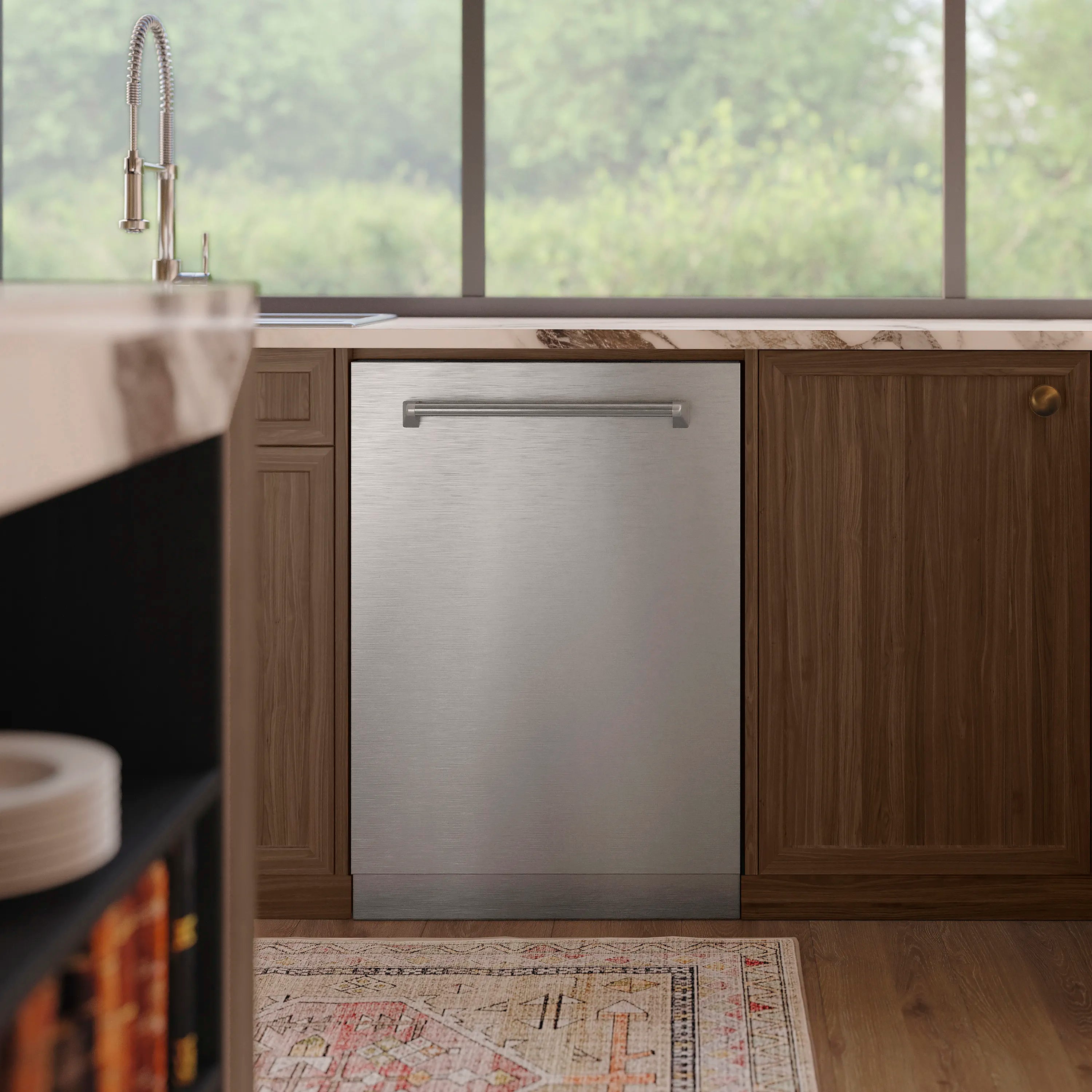 Built-in dishwasher with stainless door and bar handle, closed