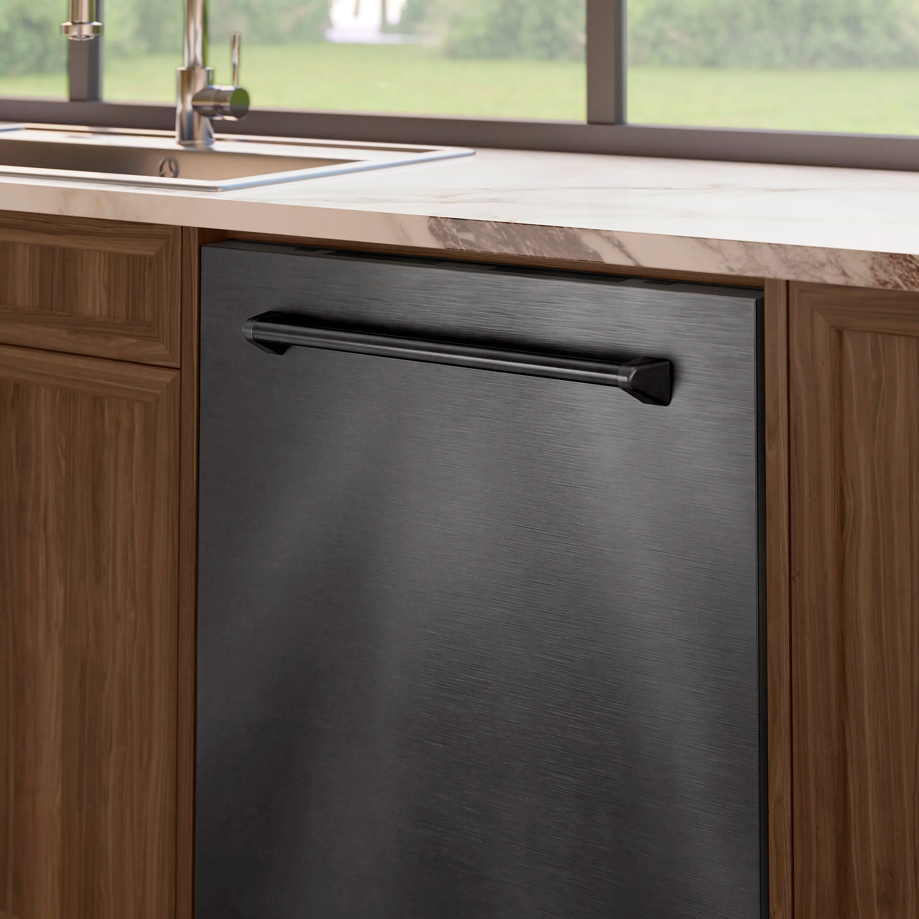 Black stainless steel dishwasher door with horizontal handle in kitchen cabinetry