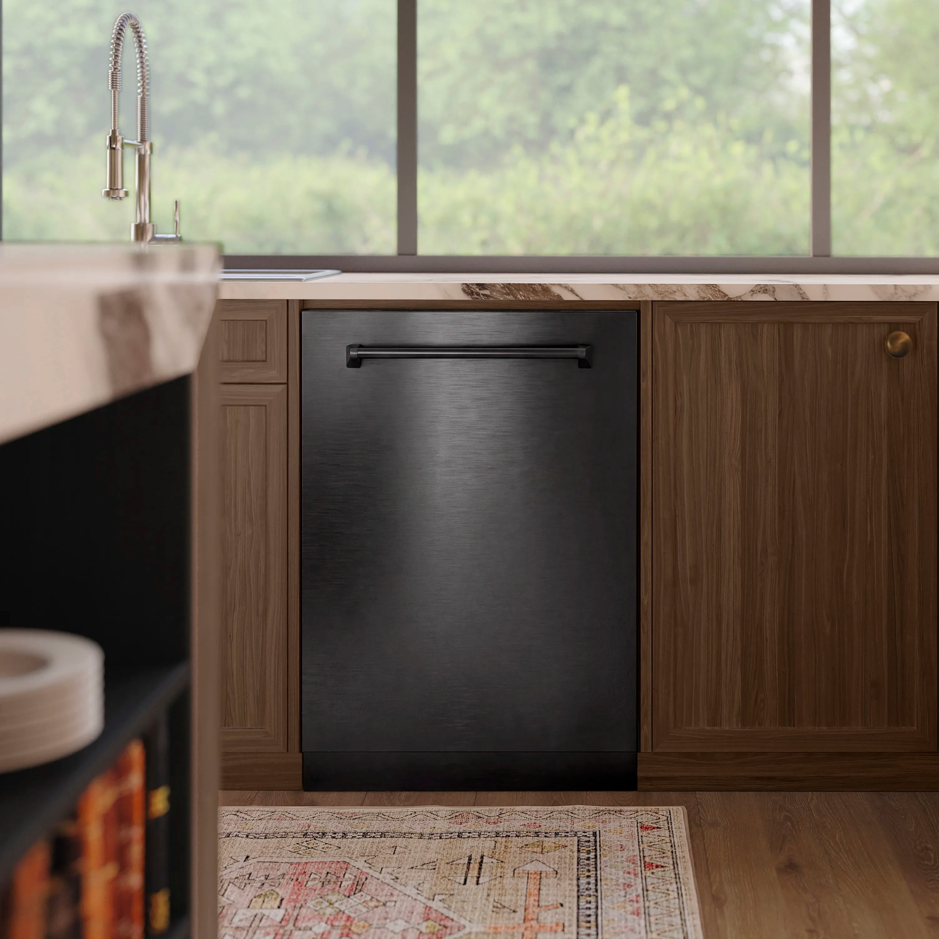 Built-in black stainless tall tub dishwasher installed under a countertop.