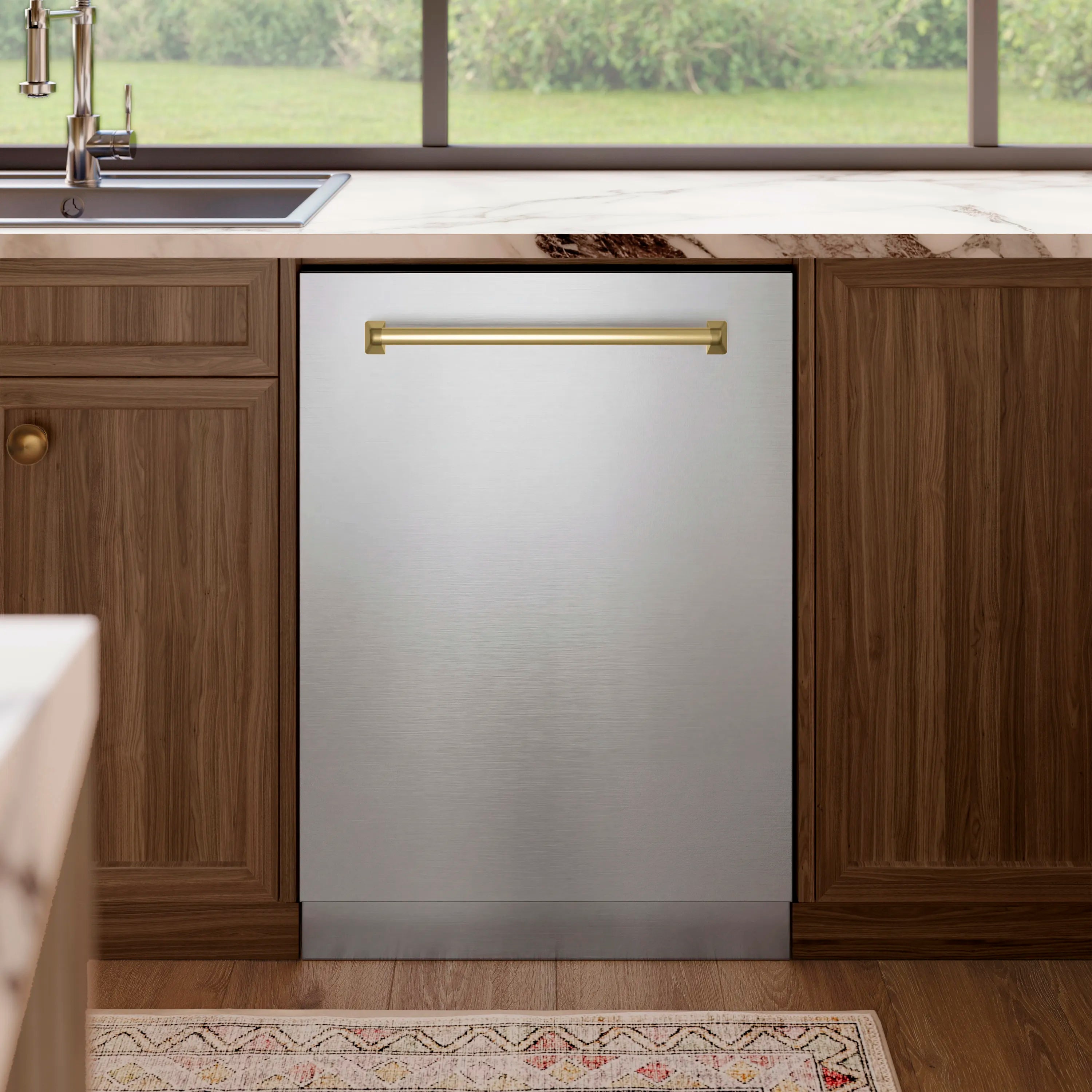 Built-in tall tub dishwasher with champagne bronze handle and front door panel