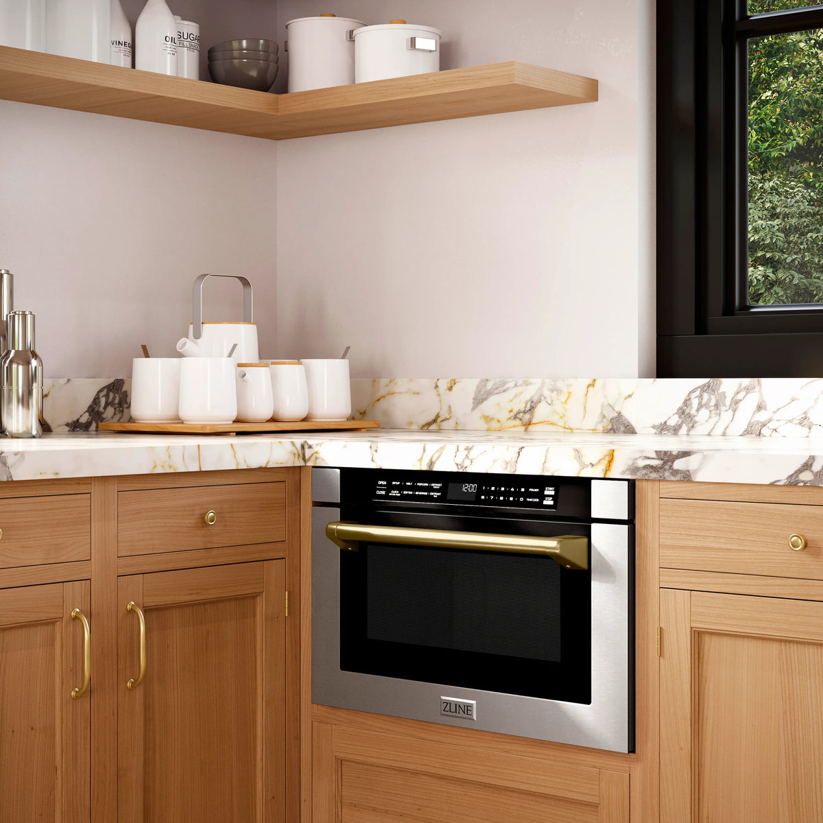ZLINE Autograph Edition 24-Inch 1.2 cu. ft. Built-in Microwave Drawer with a Traditional Handle in Stainless Steel and Champagne Bronze Accents (MWDZ-1-H-CB)