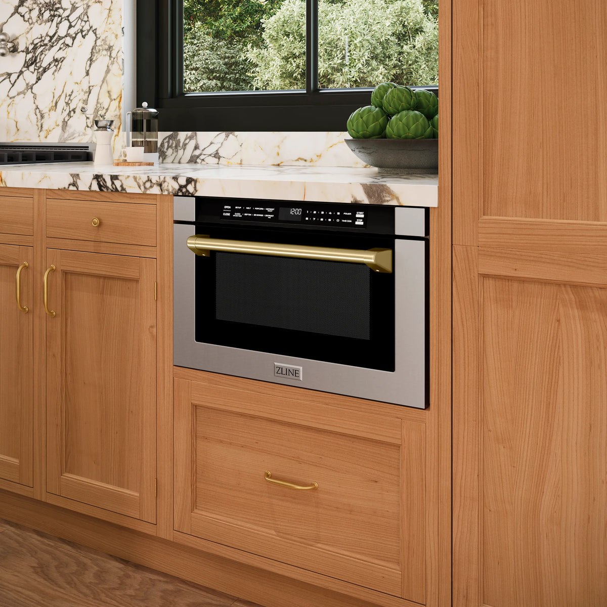 ZLINE Autograph Edition 24-Inch 1.2 cu. ft. Built-in Microwave Drawer with a Traditional Handle in Stainless Steel and Champagne Bronze Accents (MWDZ-1-H-CB)