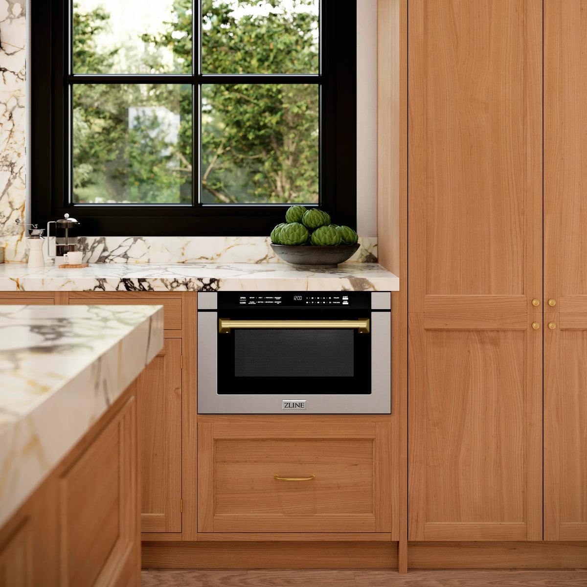 ZLINE Autograph Edition 24-Inch 1.2 cu. ft. Built-in Microwave Drawer with a Traditional Handle in Stainless Steel and Champagne Bronze Accents (MWDZ-1-H-CB)