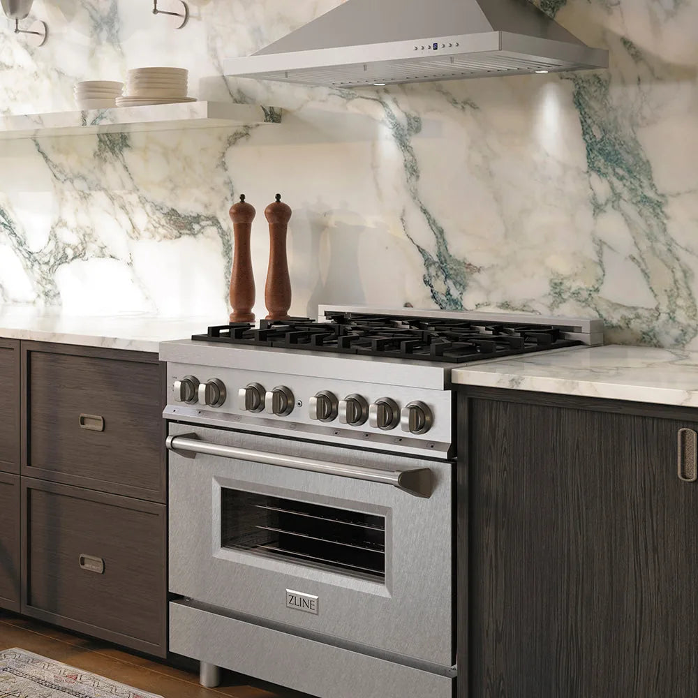 ZLINE 36-inch Legacy Series Dual Fuel Range with Fingerprint Resistant Satin Stainless Steel® Door in a kitchen