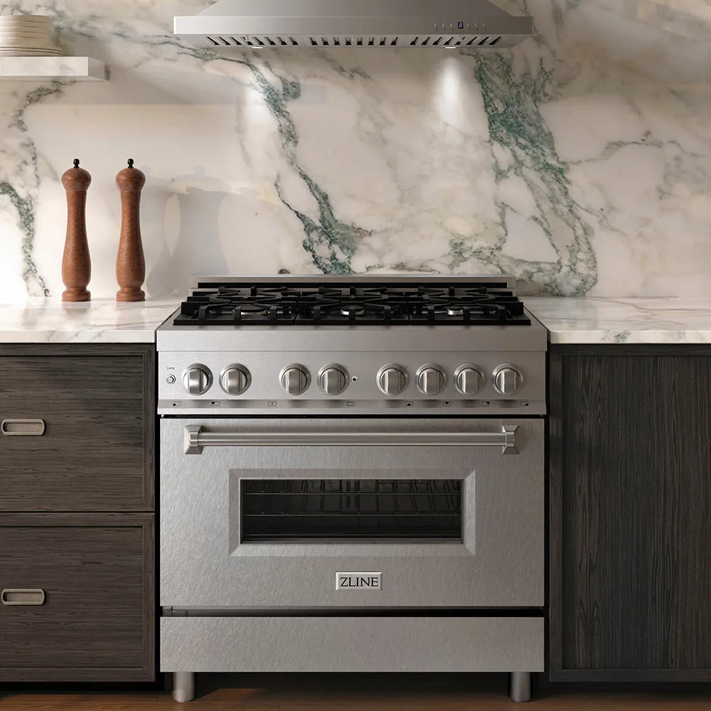 ZLINE 36-inch Legacy Series Dual Fuel Range with Fingerprint Resistant Satin Stainless Steel® Door in a kitchen
