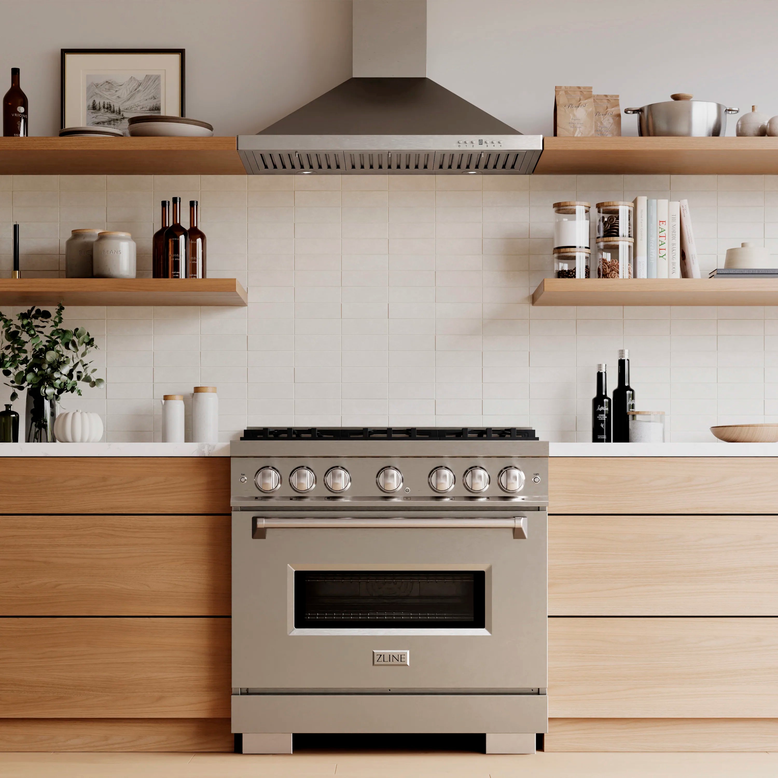 Stainless steel dual fuel range with 6-burner cooktop and built-in convection oven