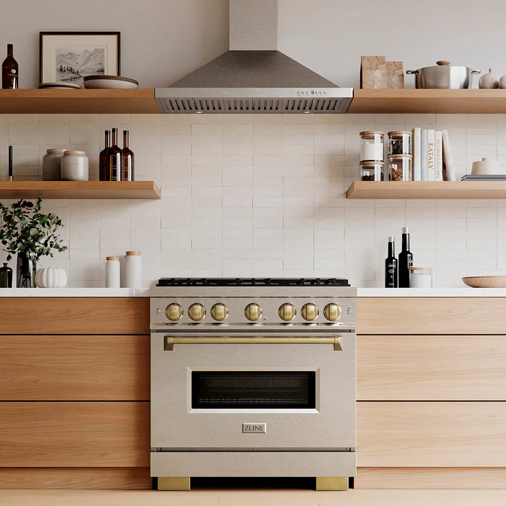 ZLINE Autograph 36-Inch 5.2 Cu. Ft. Classic Dual Fuel Range with 6 Burner DuoPro™ Cooktop and Oven in Satin Stainless and Champagne in a kitchen