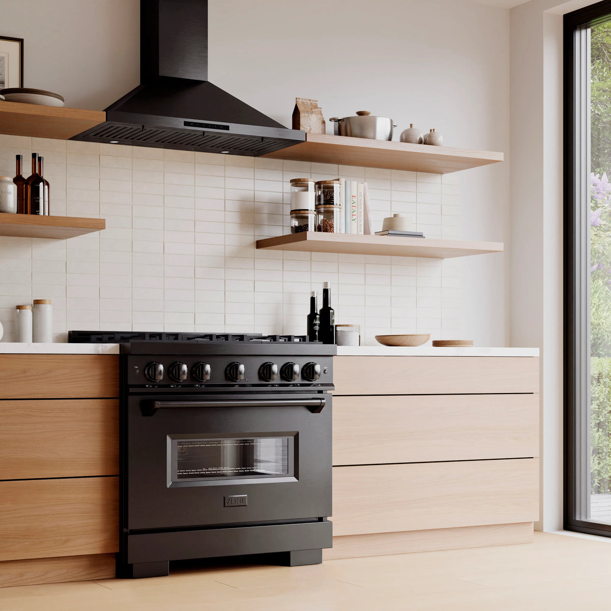 ZLINE 36-Inch 5.2 Cu. Ft. Classic Dual Fuel Range with 6 Burner DuoPro™ Cooktop and Convection Oven in Black Stainless Steel in a kitchen