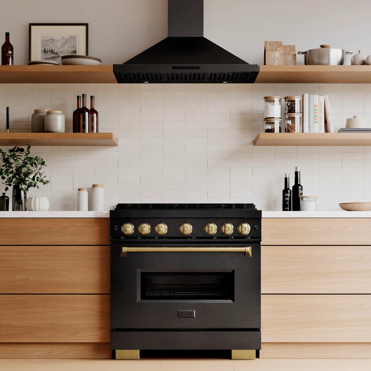 ZLINE Autograph Edition 36-Inch Classic Series Dual Fuel Range with 6 Gas Burner Cooktop and 5.2 Cu. Ft. Electric Convection Oven in Black Stainless Steel with Champagne Bronze Accents (CDRBZ-36-CB)