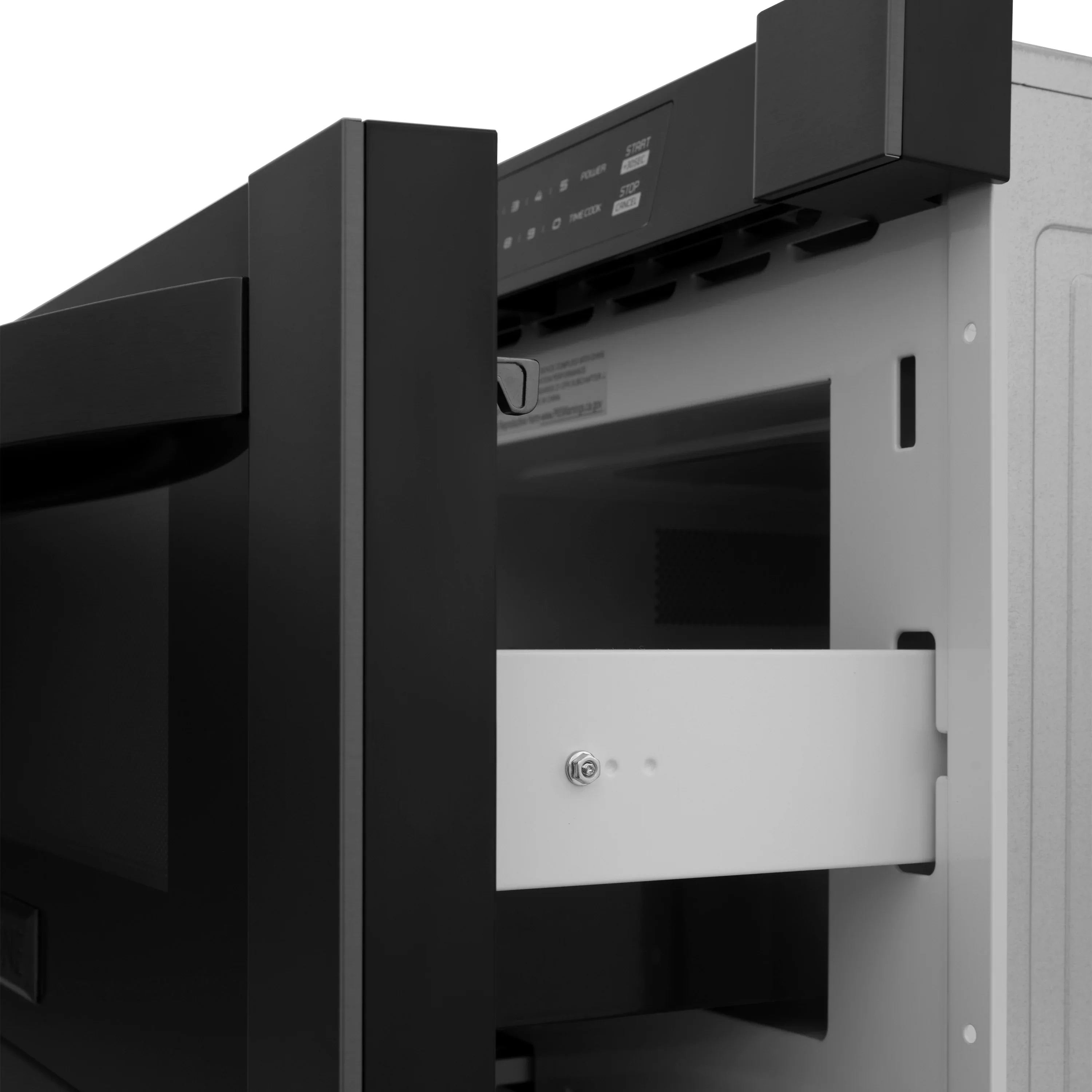Black microwave drawer open, showing inside compartment
