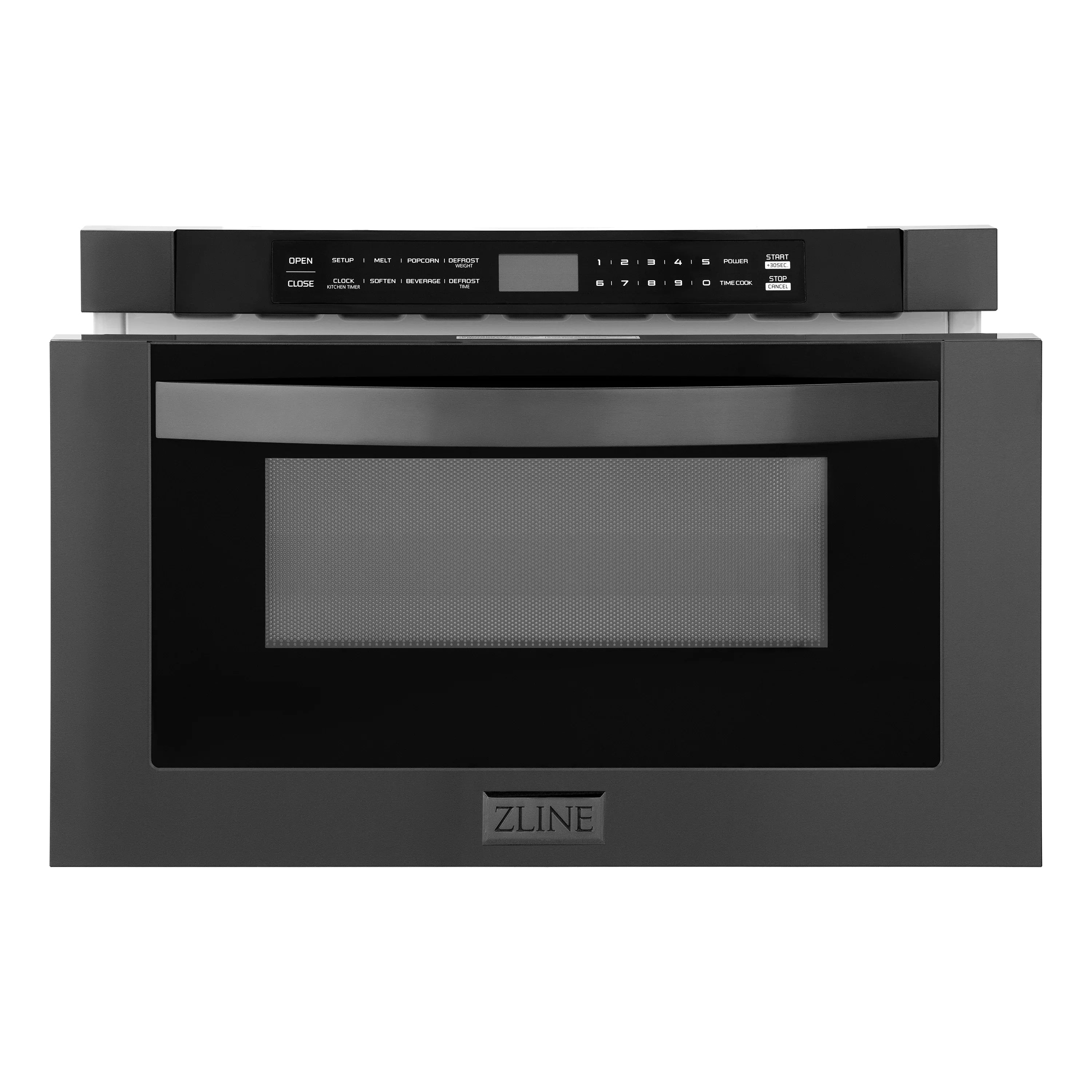 Black microwave drawer with digital control panel and windowed display