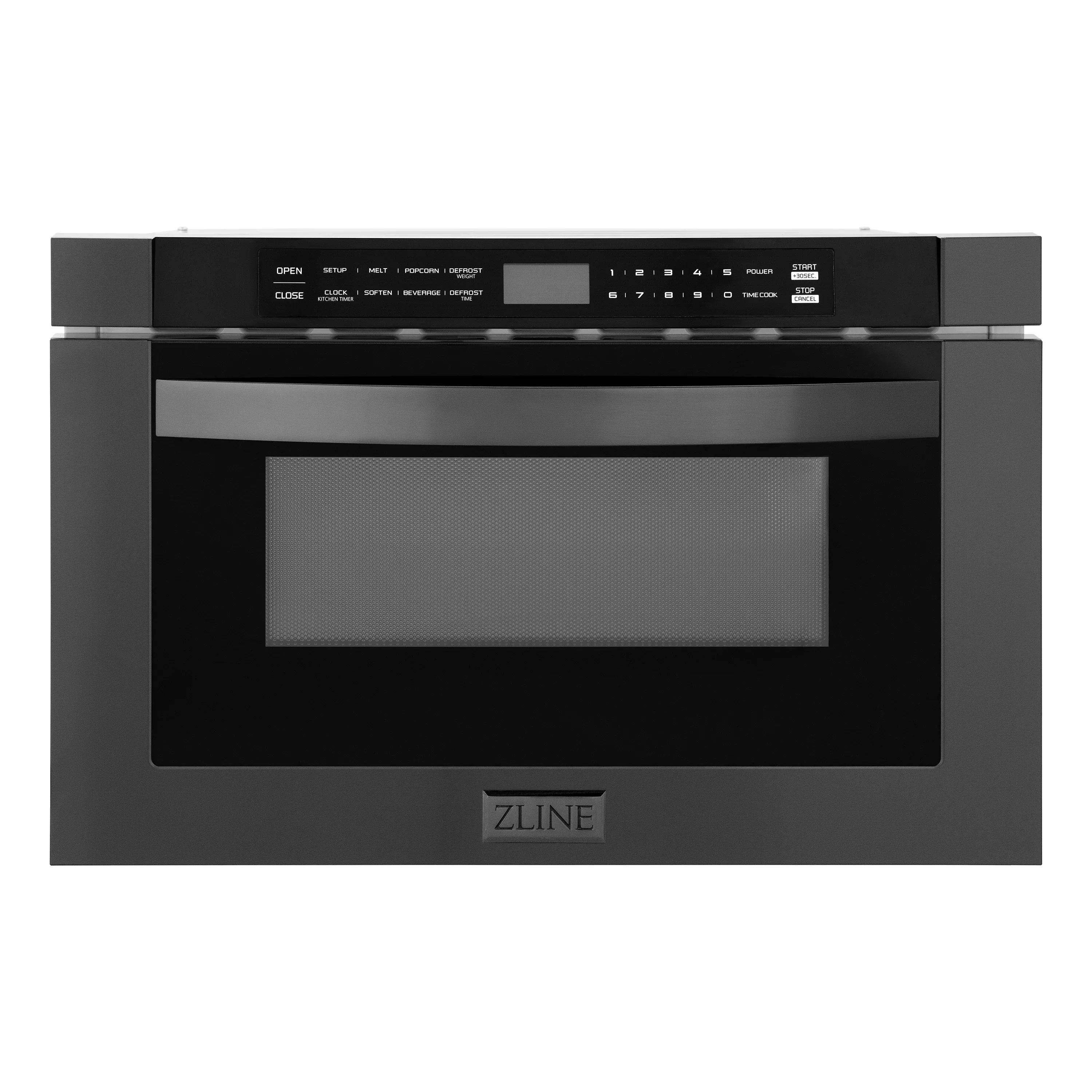 Black ZLINE microwave drawer with control panel and viewing window