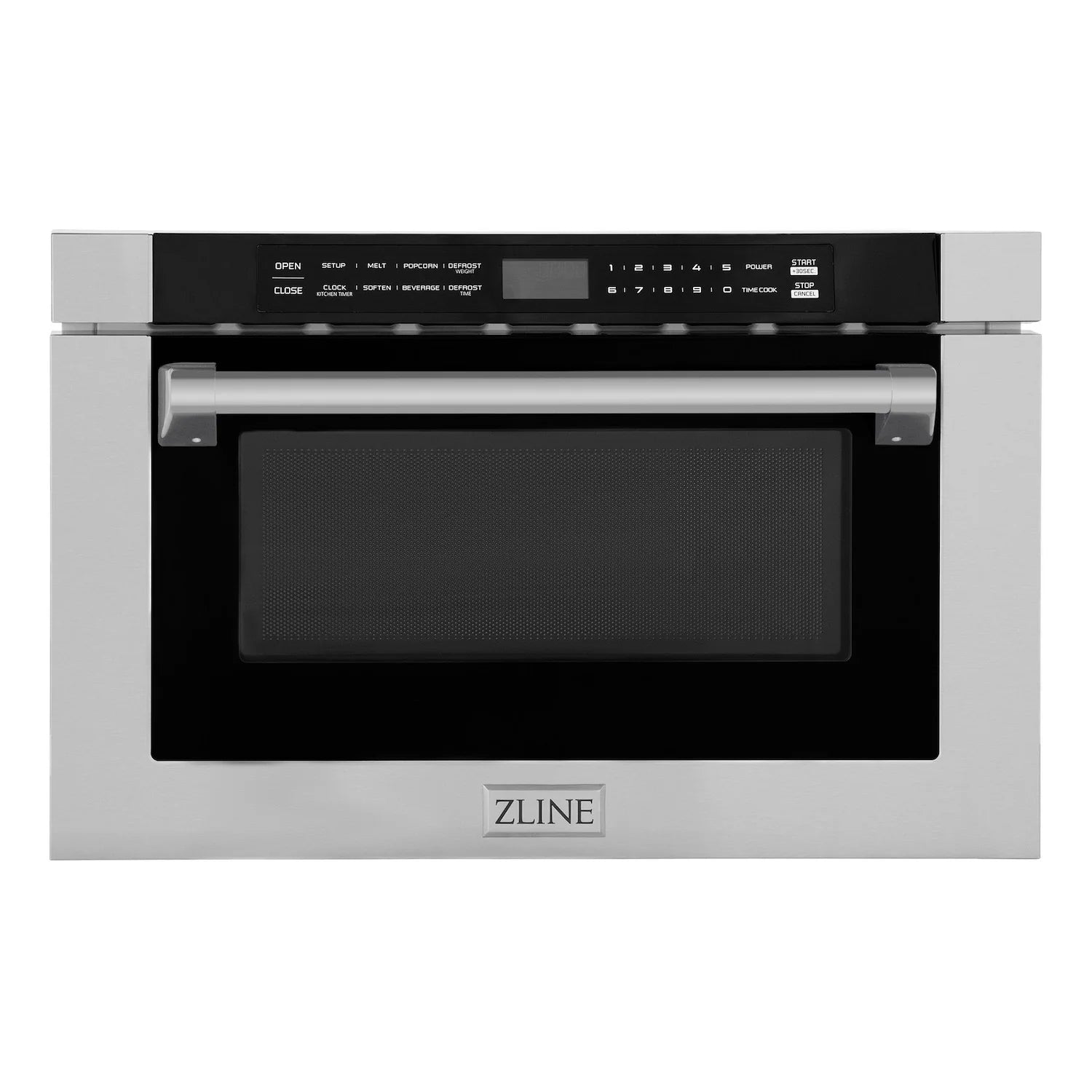 Stainless steel built-in microwave drawer front view with control panel and handle