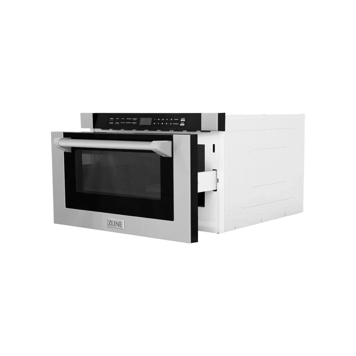 Stainless steel built-in microwave drawer with open door and black control panel