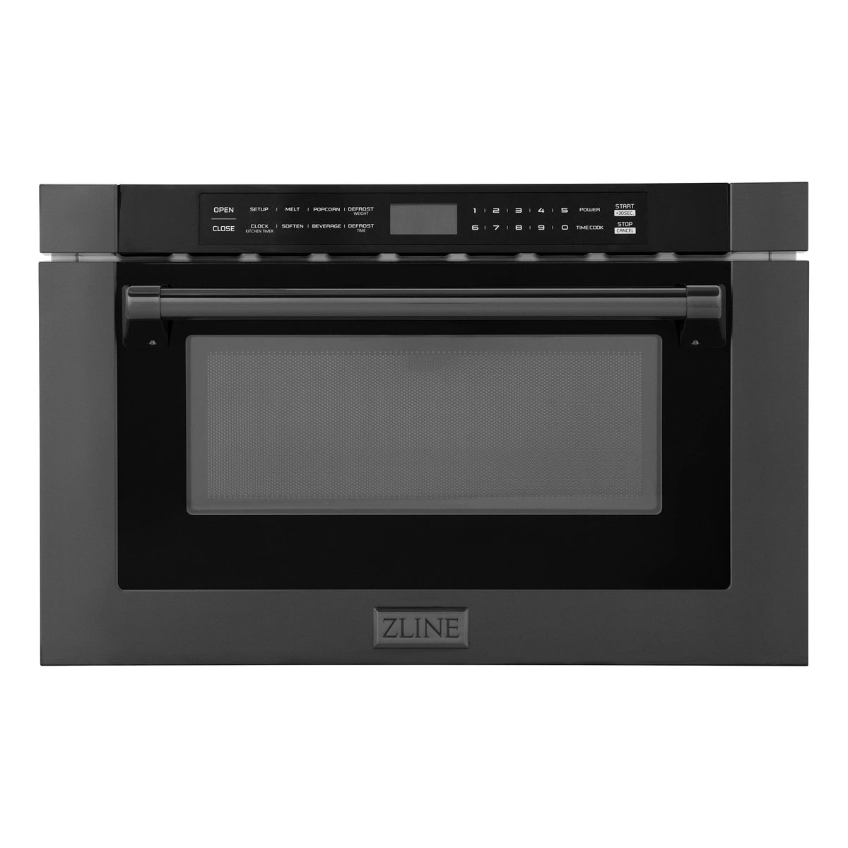 Black stainless microwave drawer with control panel and glass window, front view