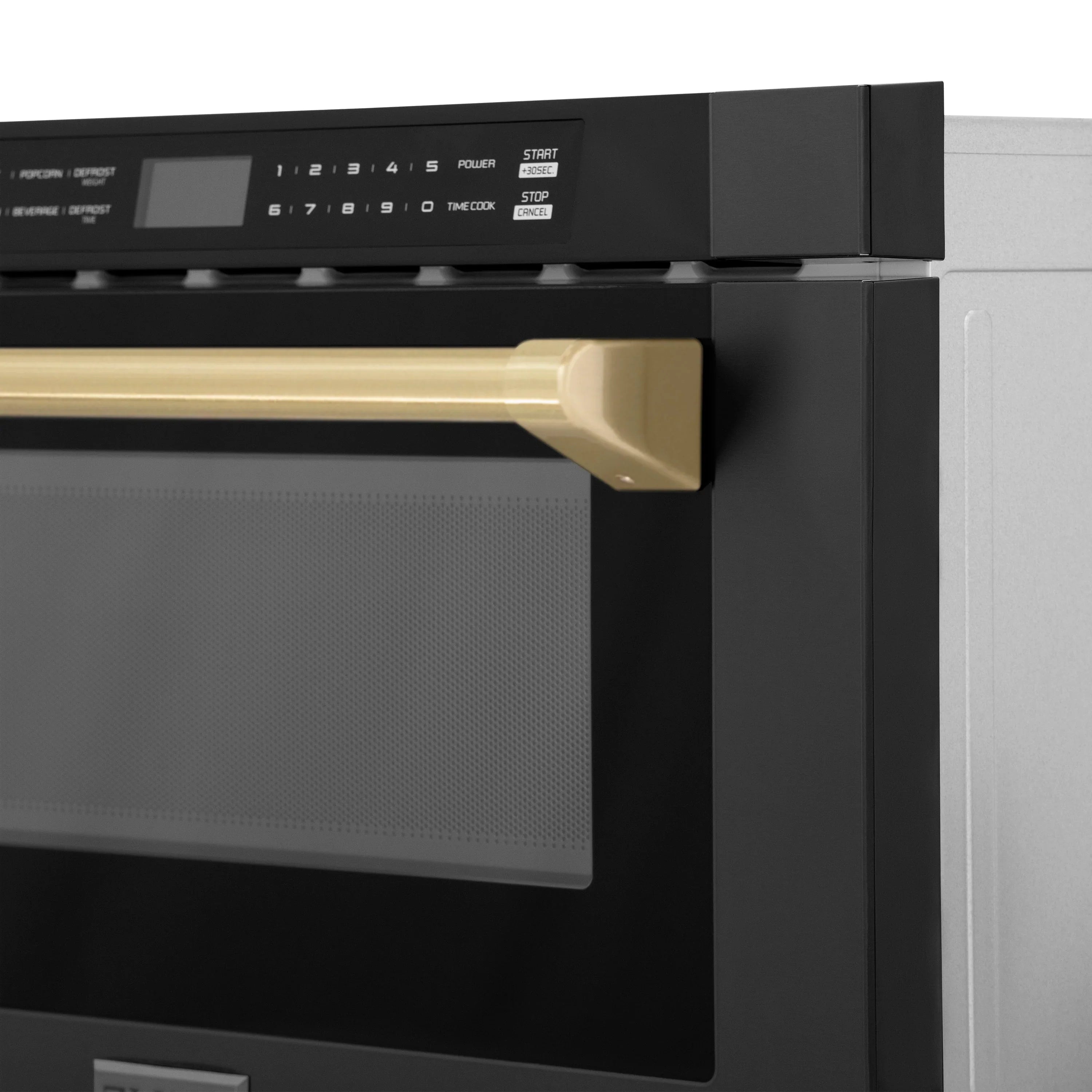 Black stainless microwave drawer close-up with champagne bronze handle and buttons