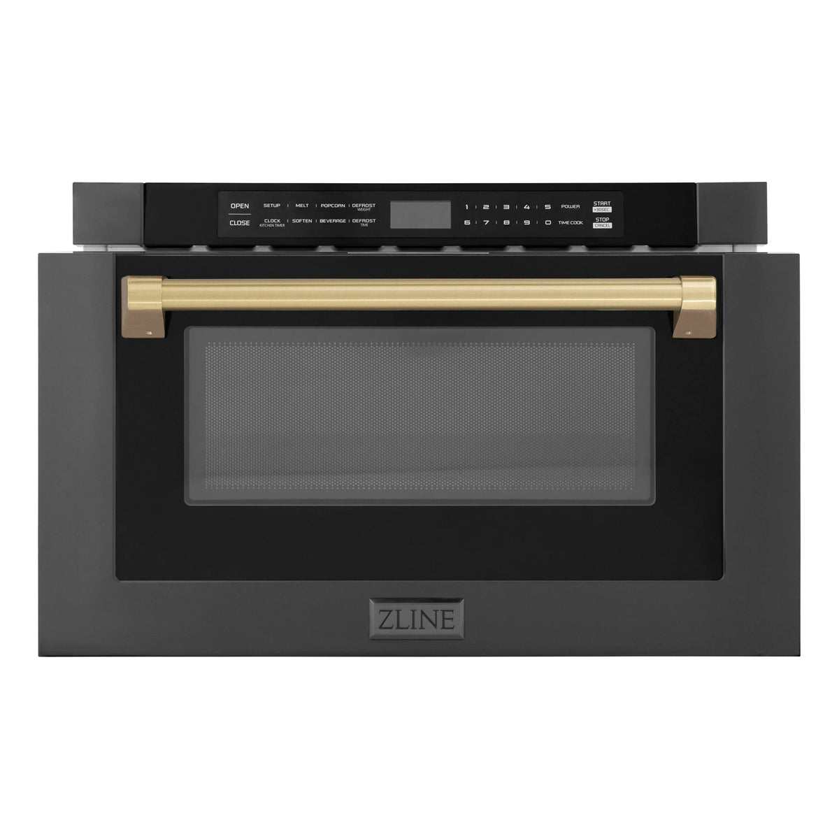 Black microwave drawer with tinted window and champagne bronze center handle