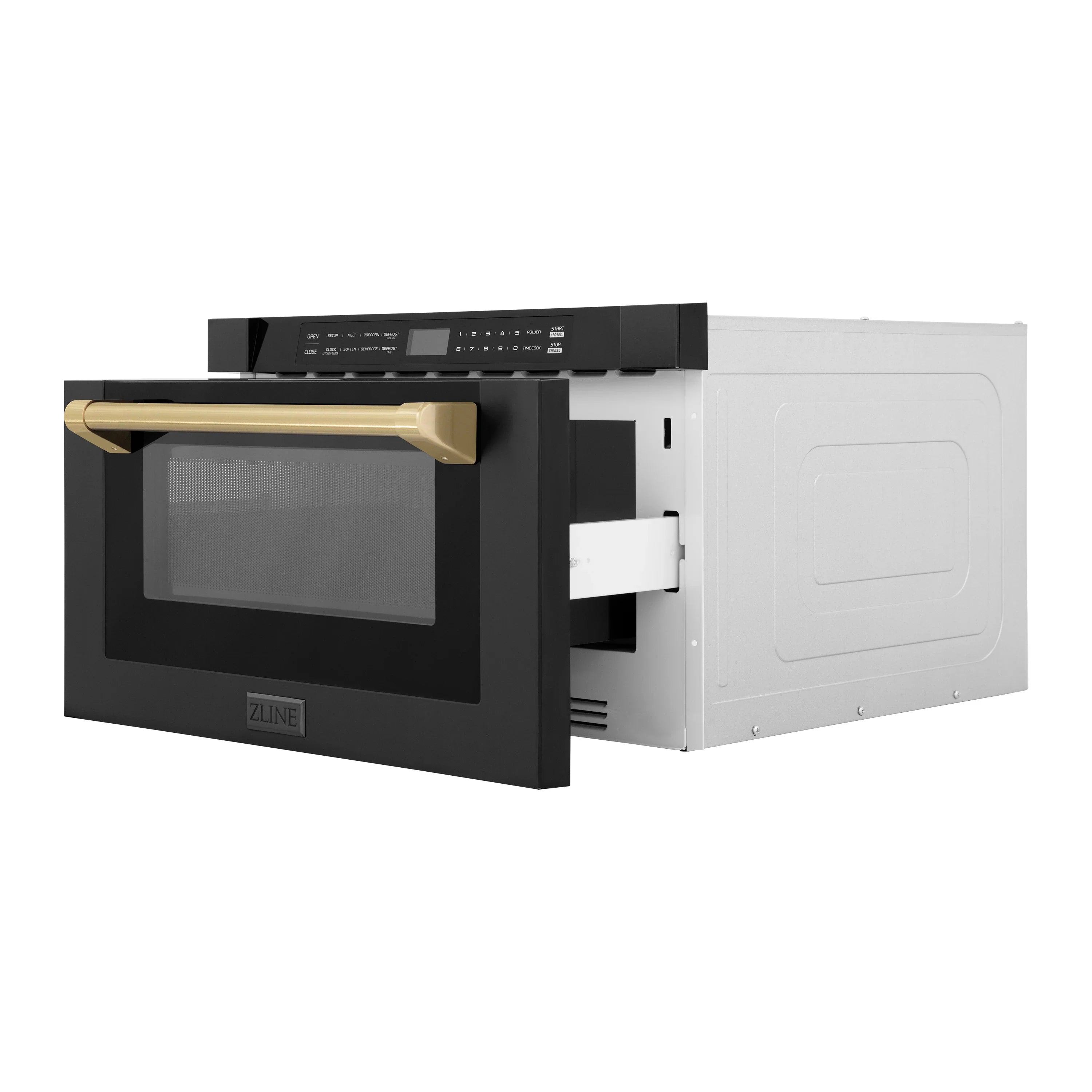 Black appliance with open door showing white interior, champagne bronze handle on left.