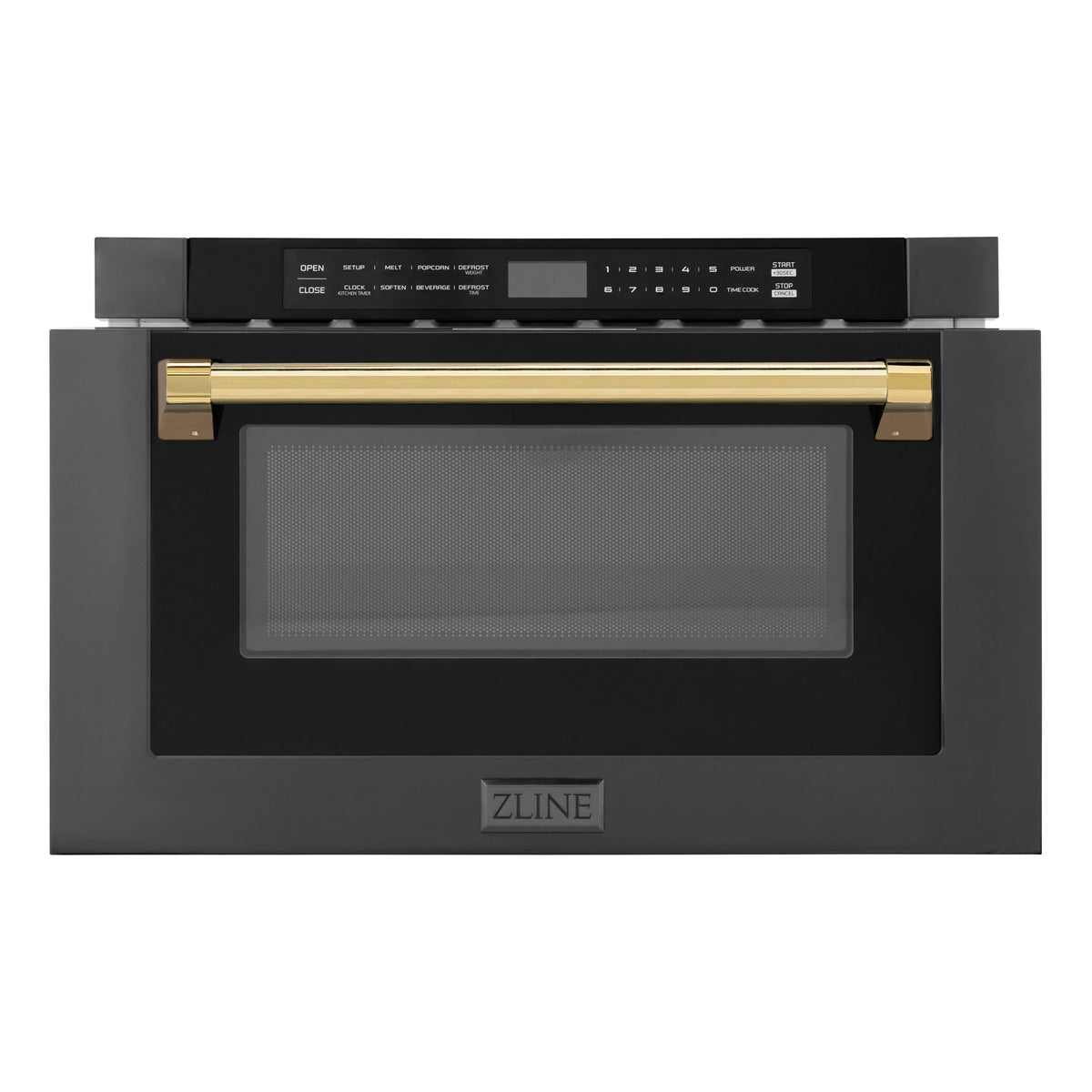 Black stainless microwave drawer front with gold handle and tinted window