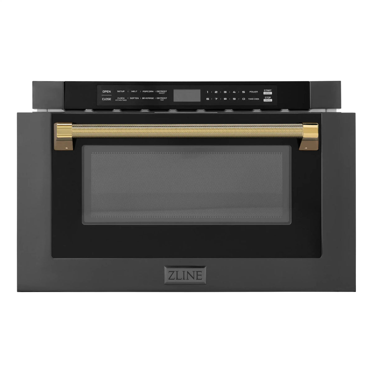 Black stainless microwave drawer with gold handle bar and control panel