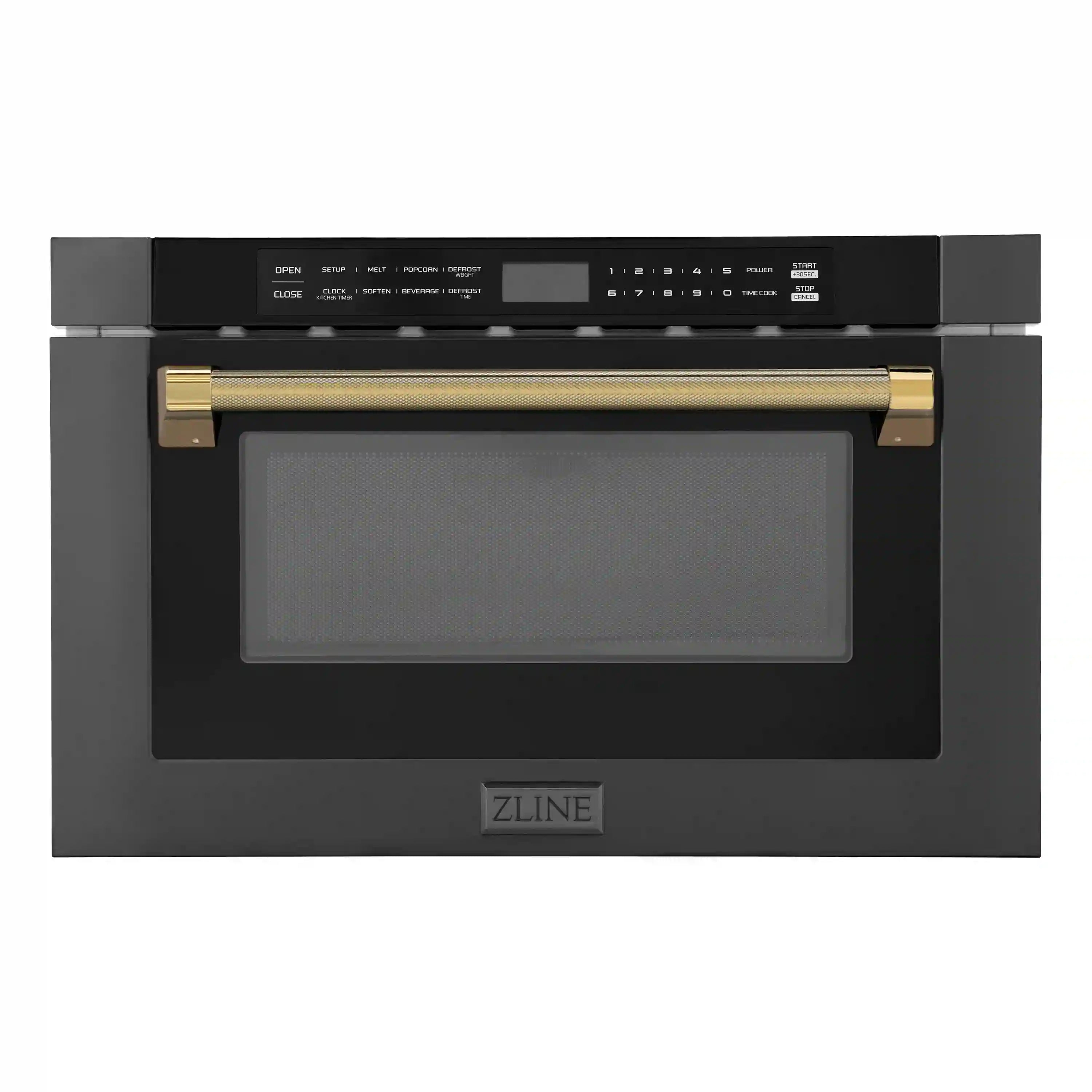 Black stainless steel microwave drawer with polished gold helix handle and control panel