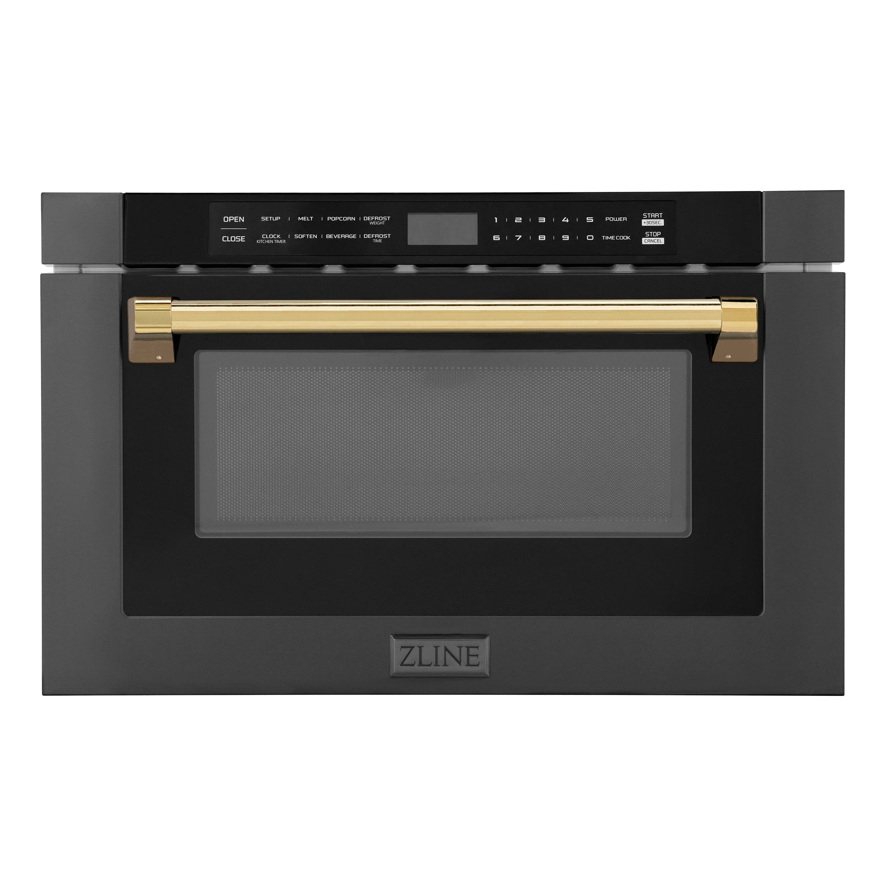 Black stainless microwave drawer with gold handle trim and control panel above