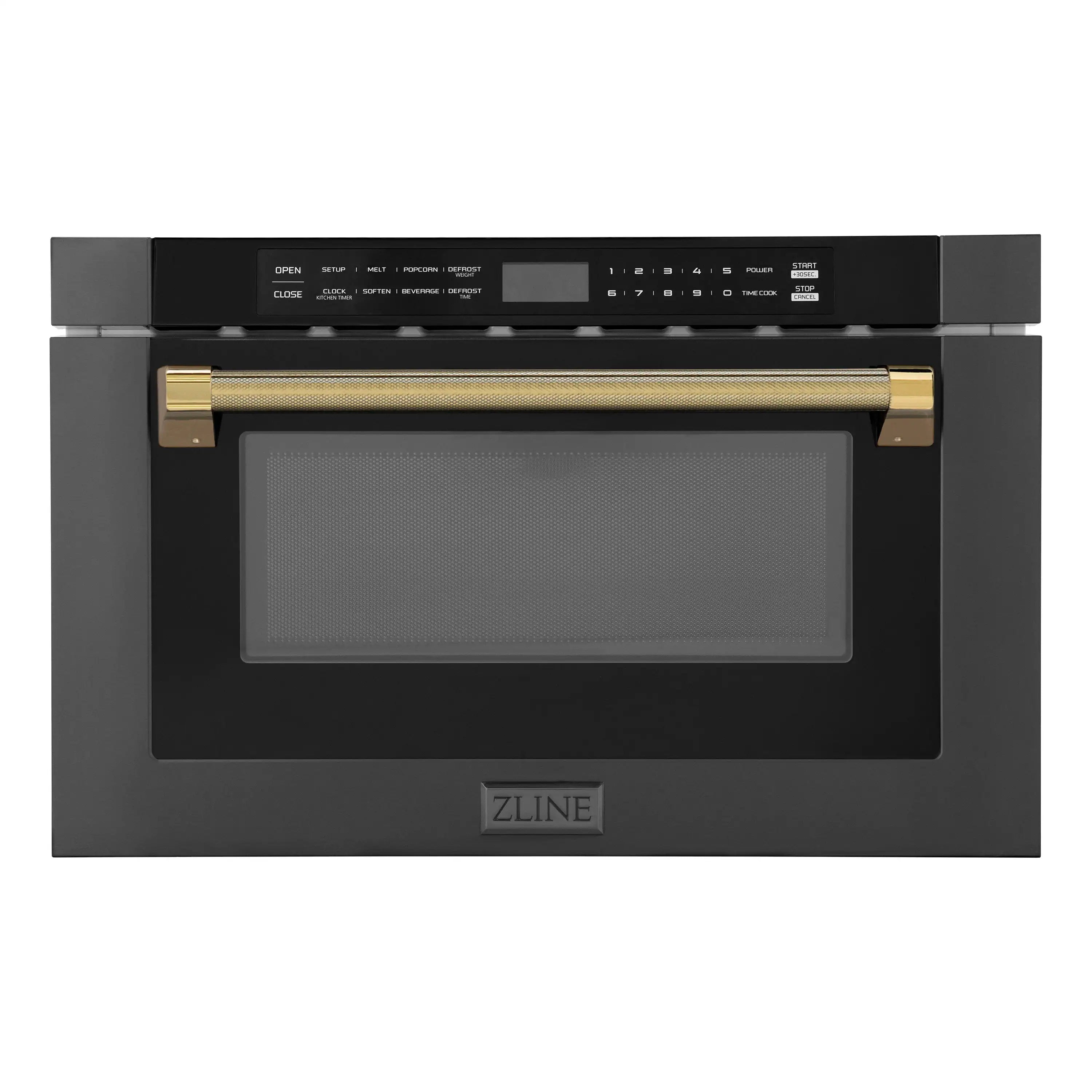 Black stainless microwave drawer with gold handle bar and tinted glass door