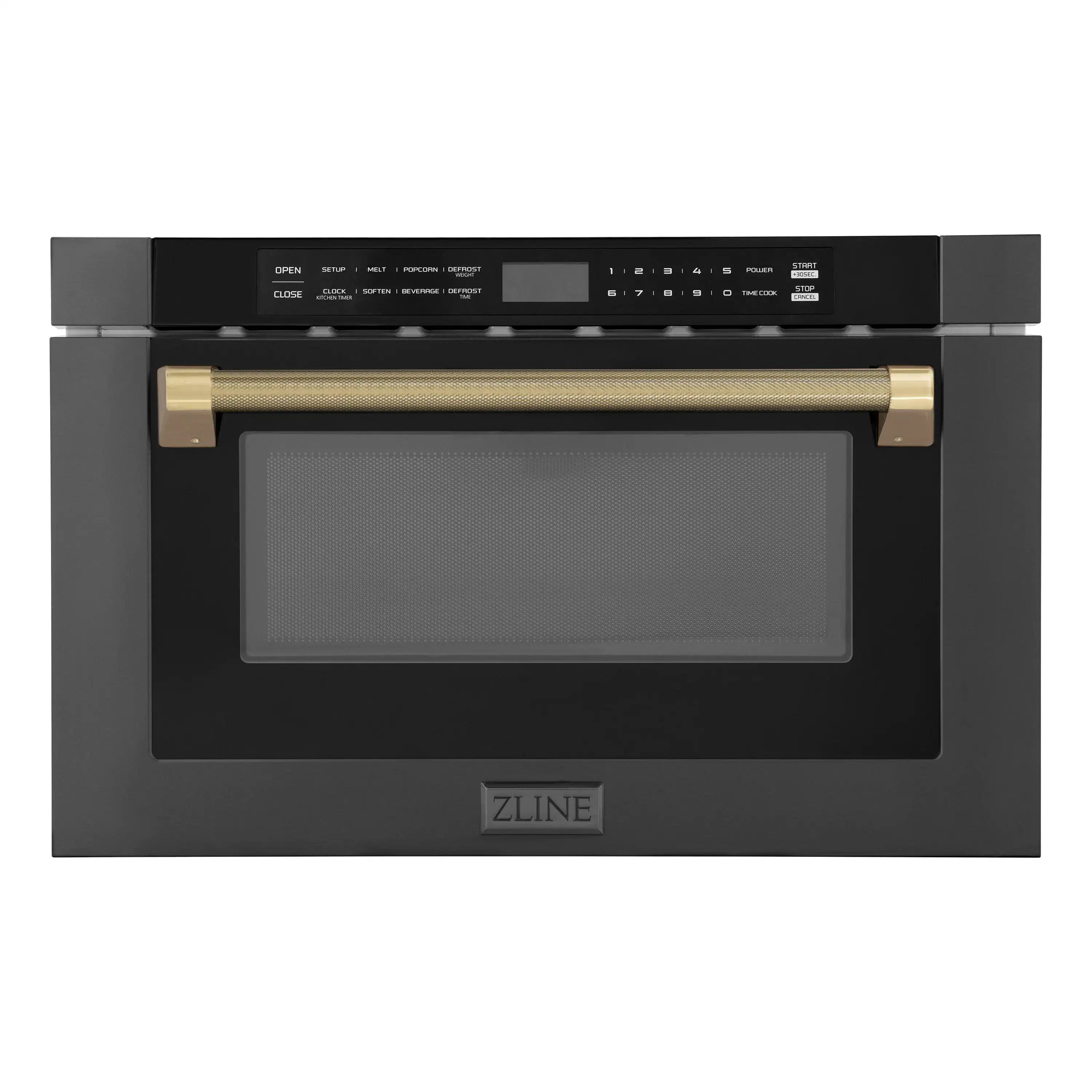 Black stainless microwave drawer front with glass window and champagne bronze helix pull