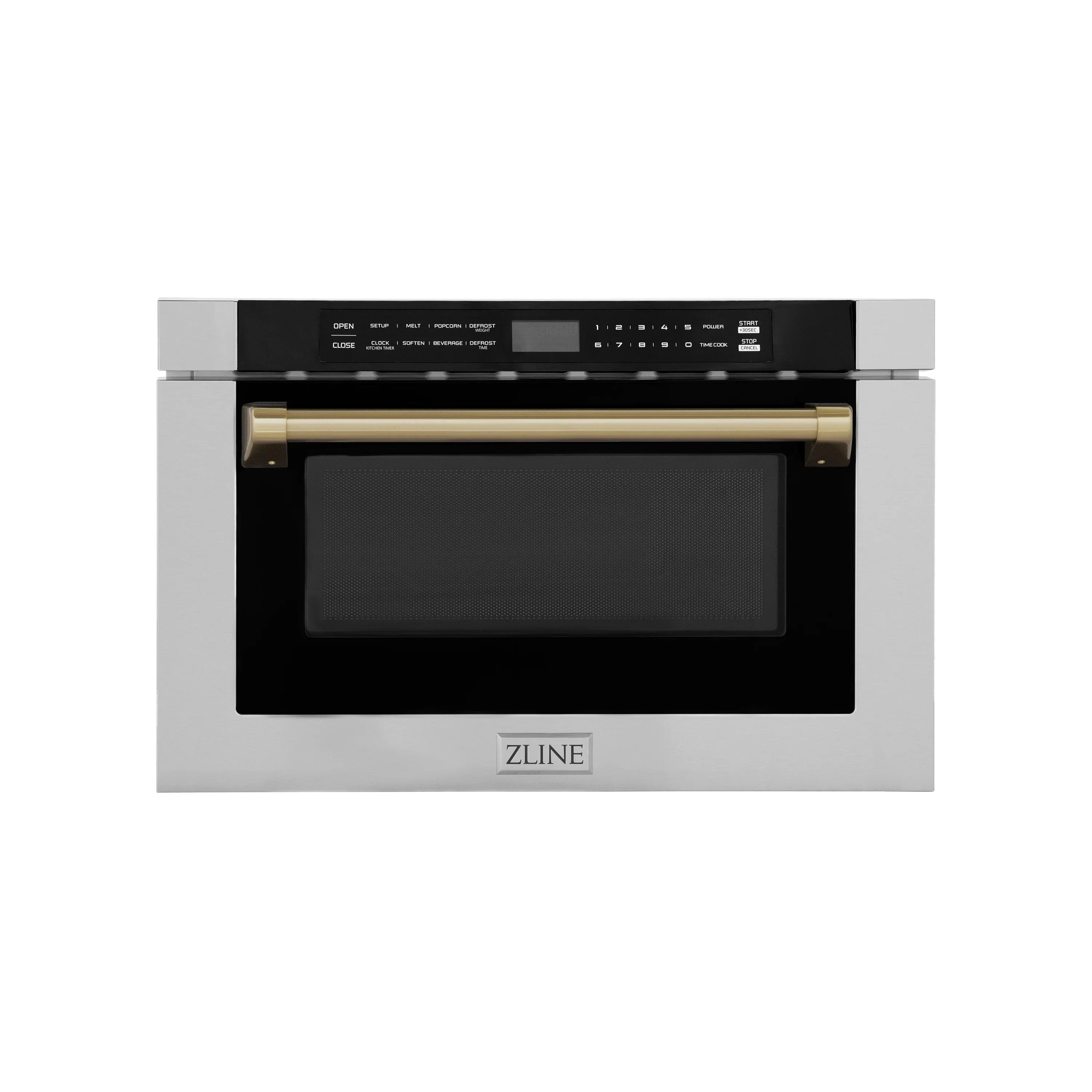 Built-in range oven door with stainless finish and gold handle