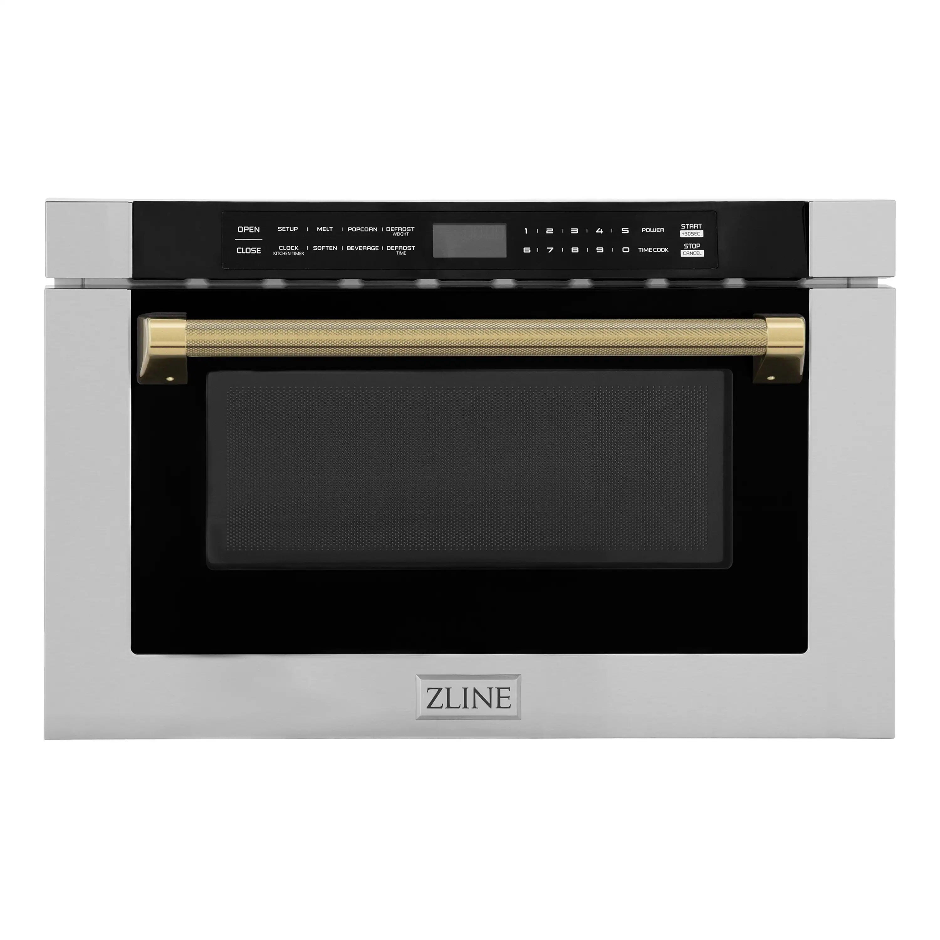 24-inch microwave drawer with stainless steel door and polished gold helix handle