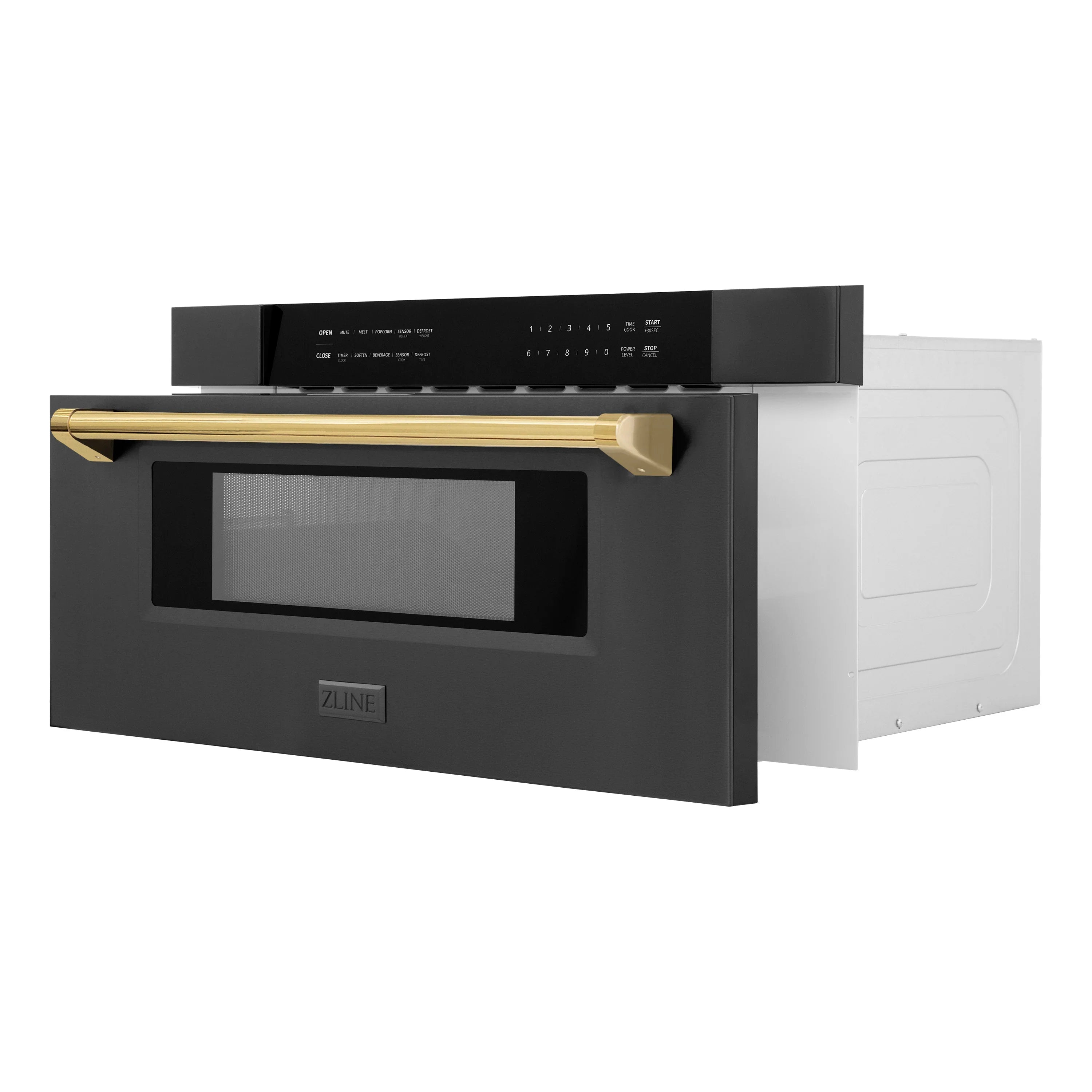 Black stainless microwave drawer front with gold handle and control bar panel