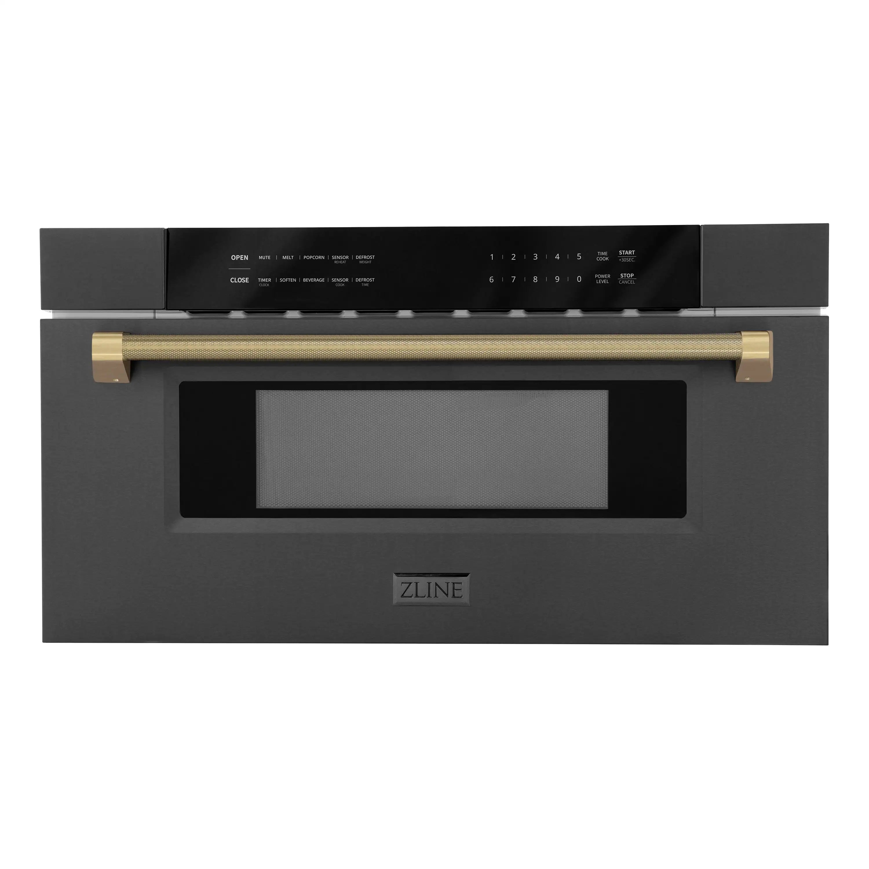 Black microwave drawer front with control panel, window opening, and champagne bronze helix handle