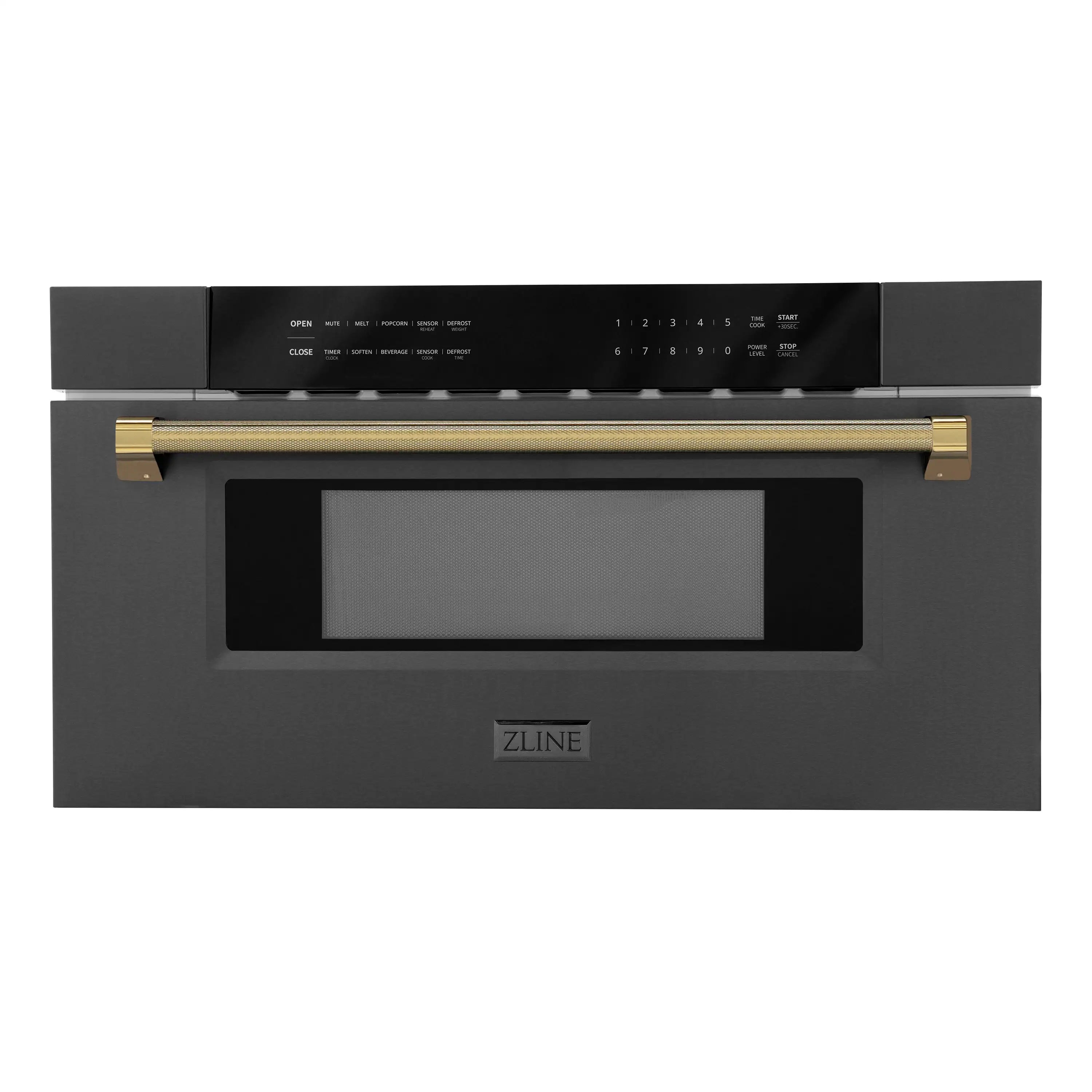 Black stainless microwave drawer front with gold helix bar handle and control panel