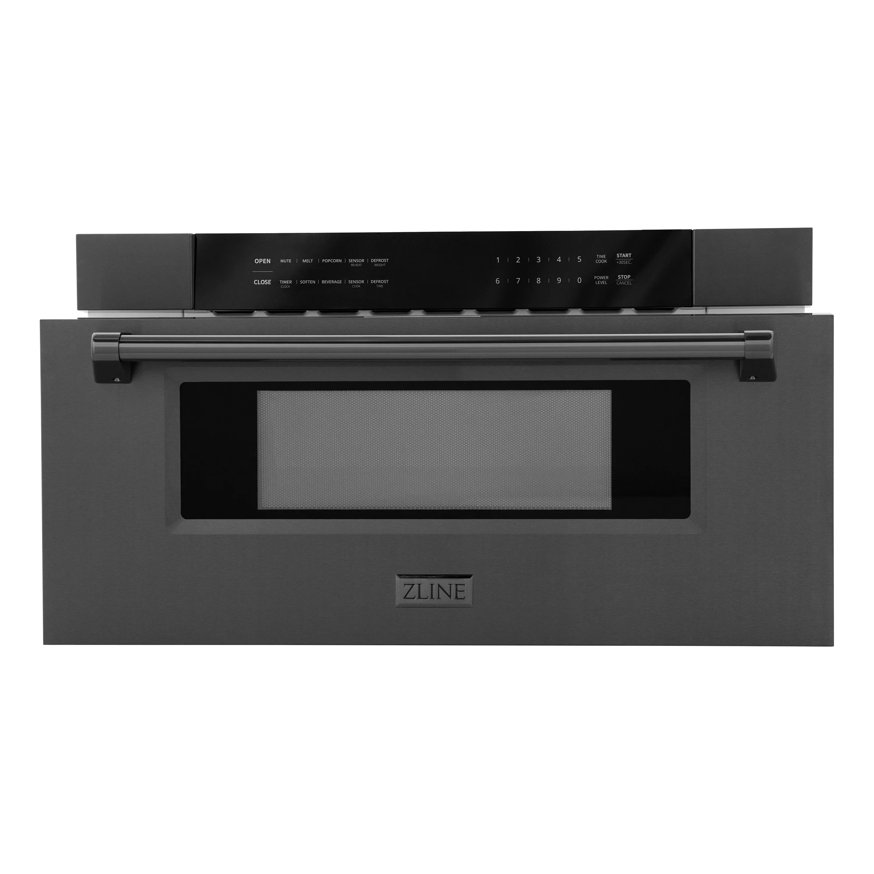Black stainless microwave drawer front view with ZLINE badge