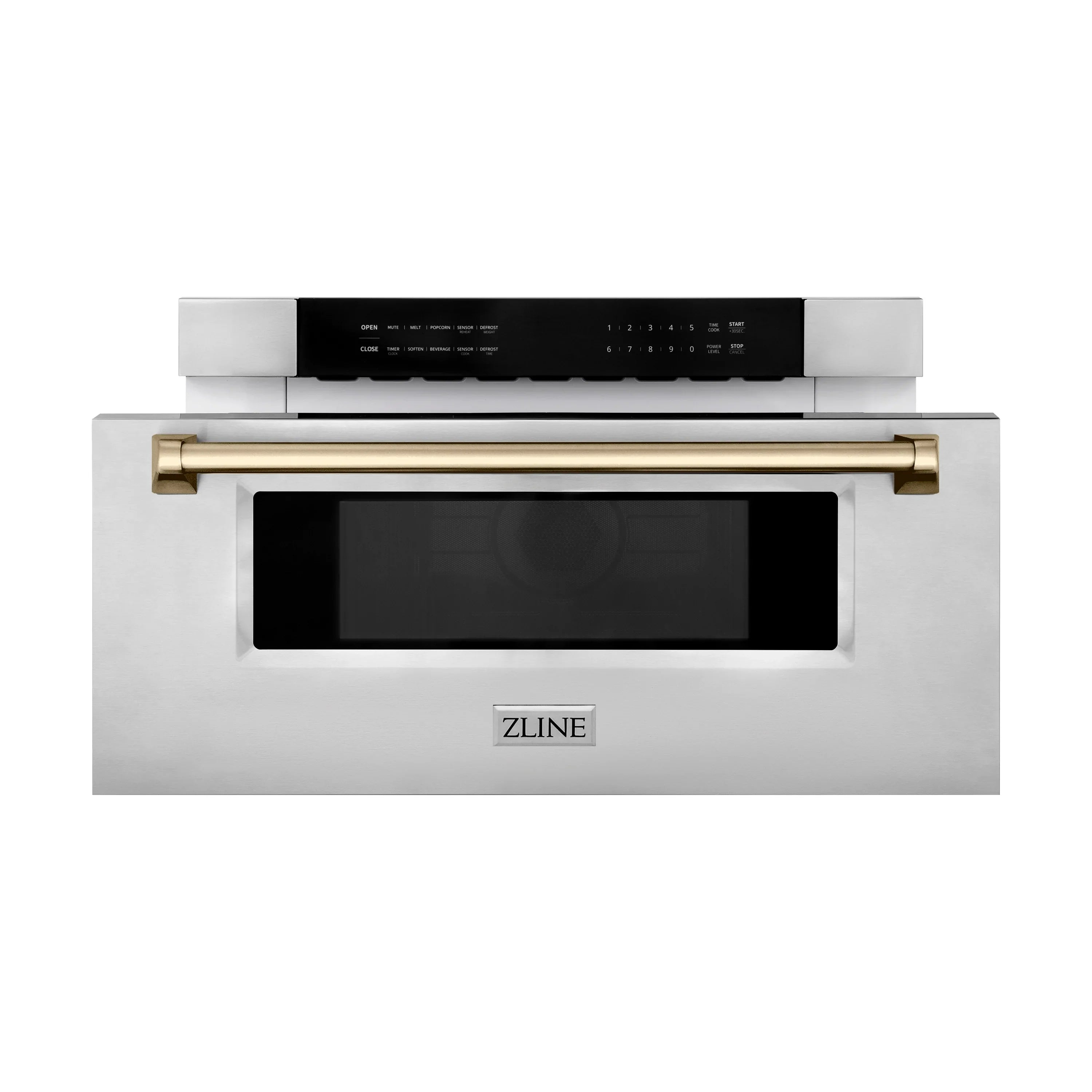 Microwave drawer front with ZLINE logo, black display, and gold handle